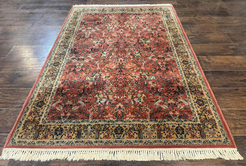 Persian Hunting Design Rug 4.7 x 6.5, Hunting Scene, Red-Orange, Wool, Belgian Power Loomed Carpet by Jewel Rugs
