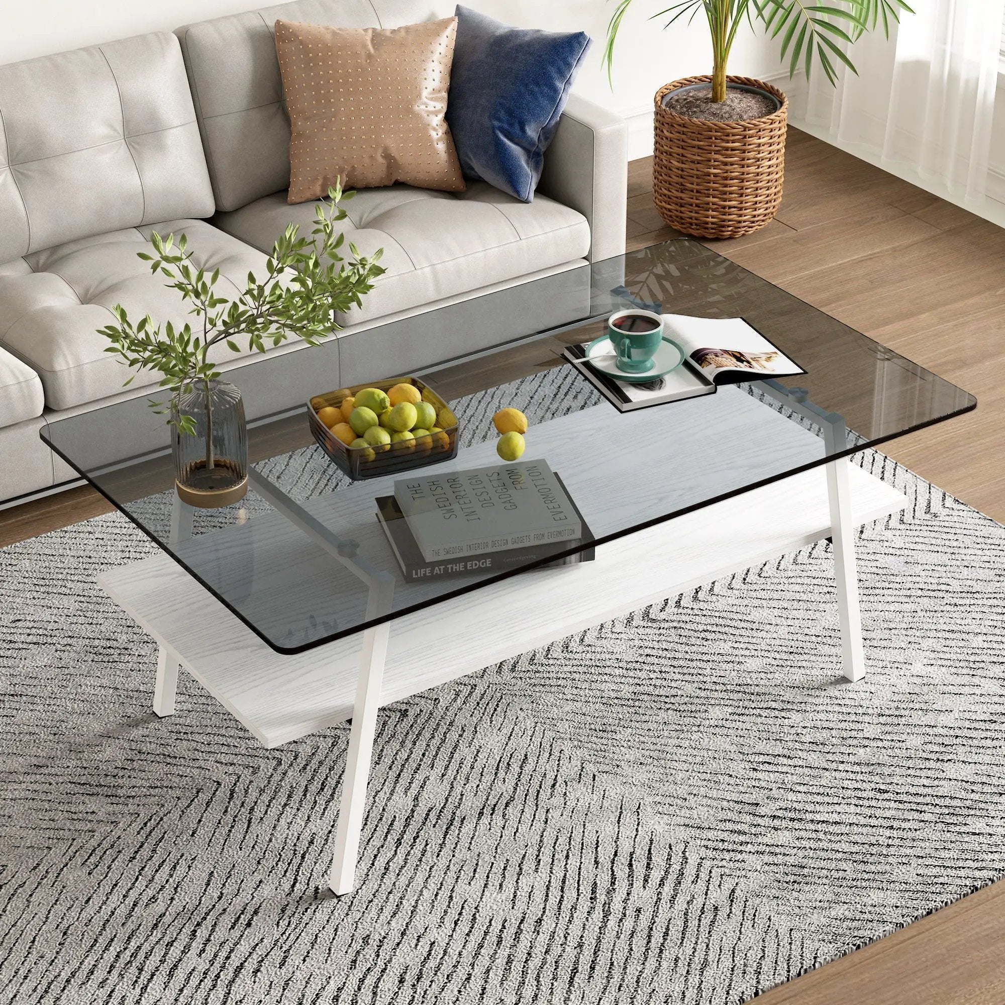 Rectangle Coffee Table, Tempered Glass Tabletop With Metal Legs by HouseOfZazla