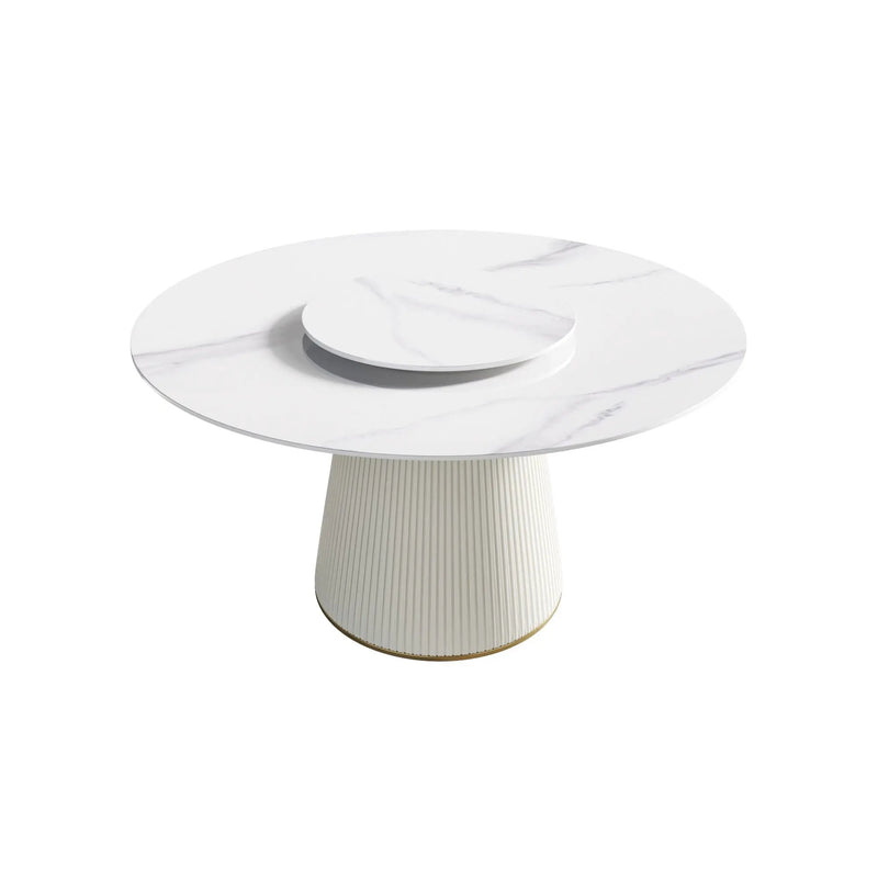 Modern Artificial Stone Round Plywood Base Dining Table, Can Accommodate 6 People, Artificial Stone Turntable (Not Including Chairs) - White / Beige by HouseOfZazla