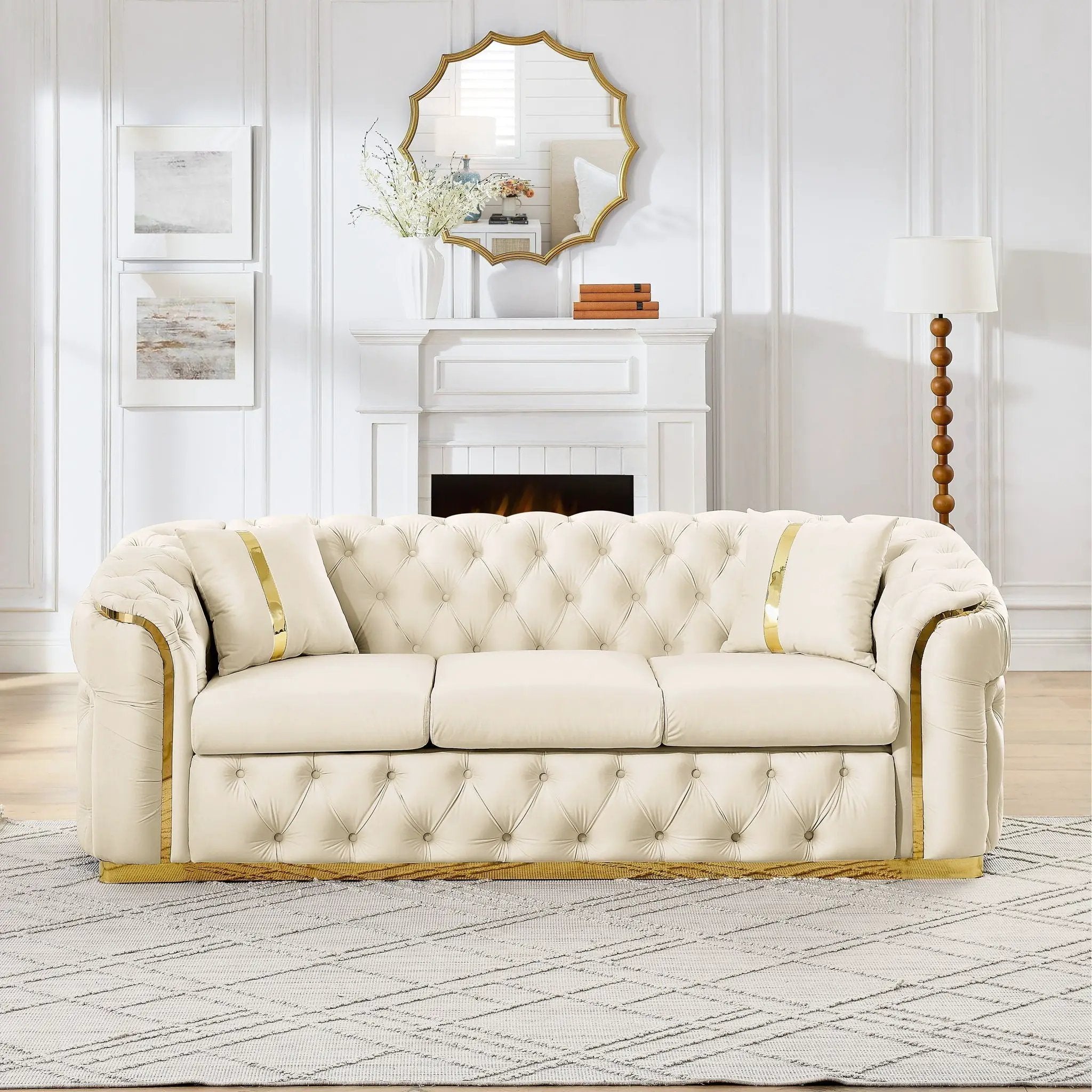 Button Tufted Couch With 2 Pillows, 3 Seater Luxury Chesterfield Sofa by HouseOfZazla