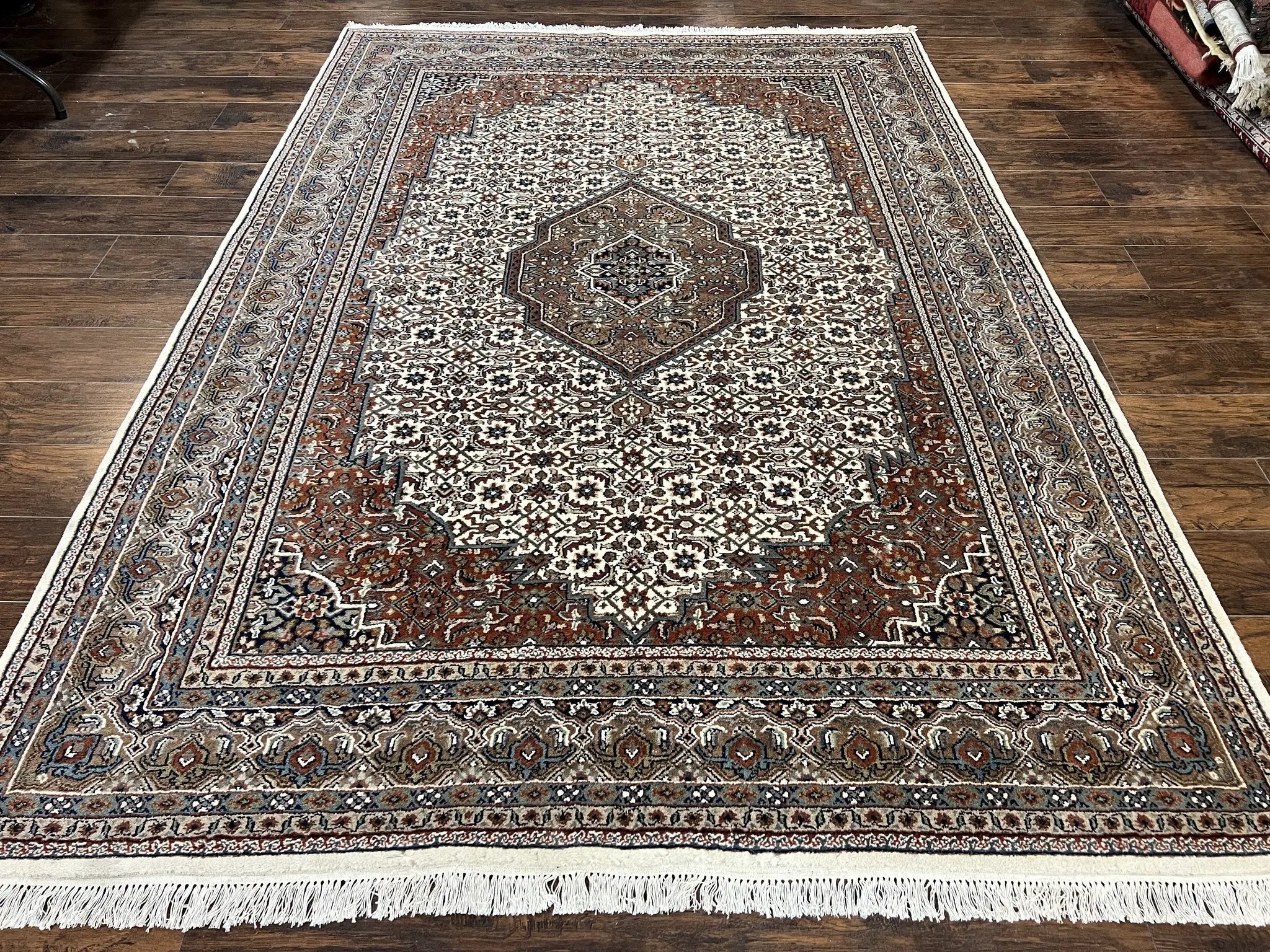 Indo Persian Rug 7x10 ft, Hand Knotted Wool Vintage Oriental Carpet 7 x 10, Traditional Handmade Herati Bidjar Cream Rug, Medallion Rug by Jewel Rugs