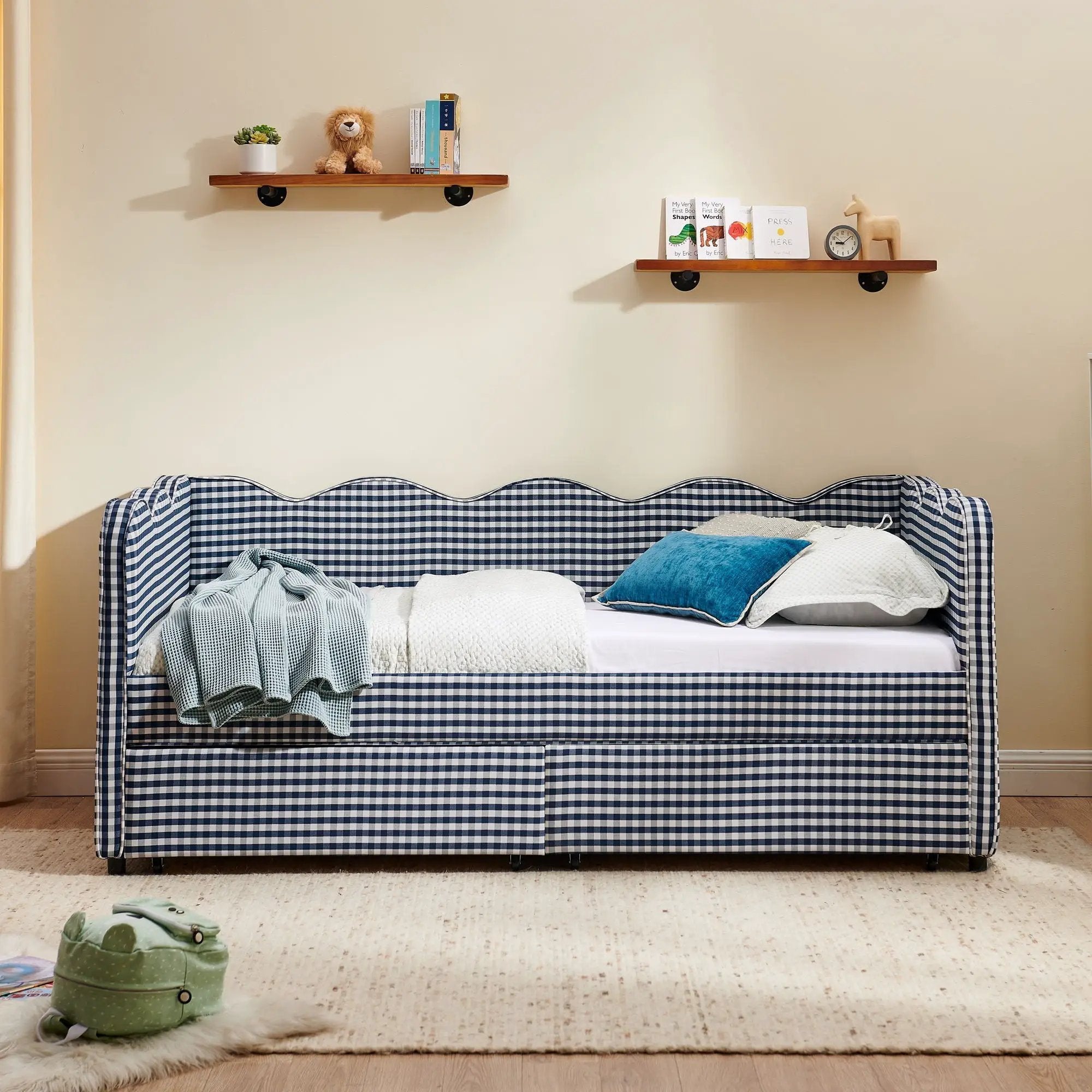 Gingham Daybed With USB Charging Port, Wave-Shaped Design by HouseOfZazla