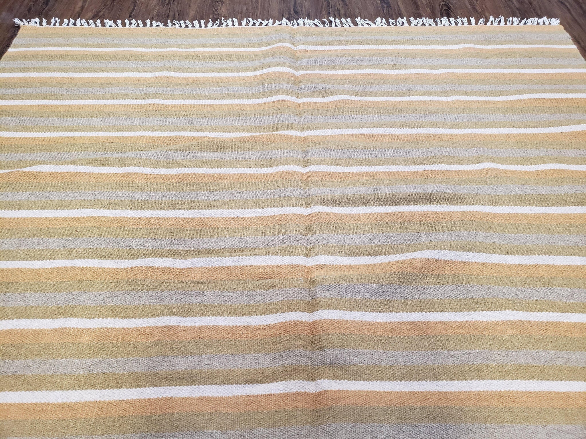New Indian Kilim Area Rug, 6x8 - 7x8 South American Style Blanket, Striped Indian Wool Hand-Woven Flat Weave 6x9 Bedroom Rug, Ivory Ochre by Jewel Rugs