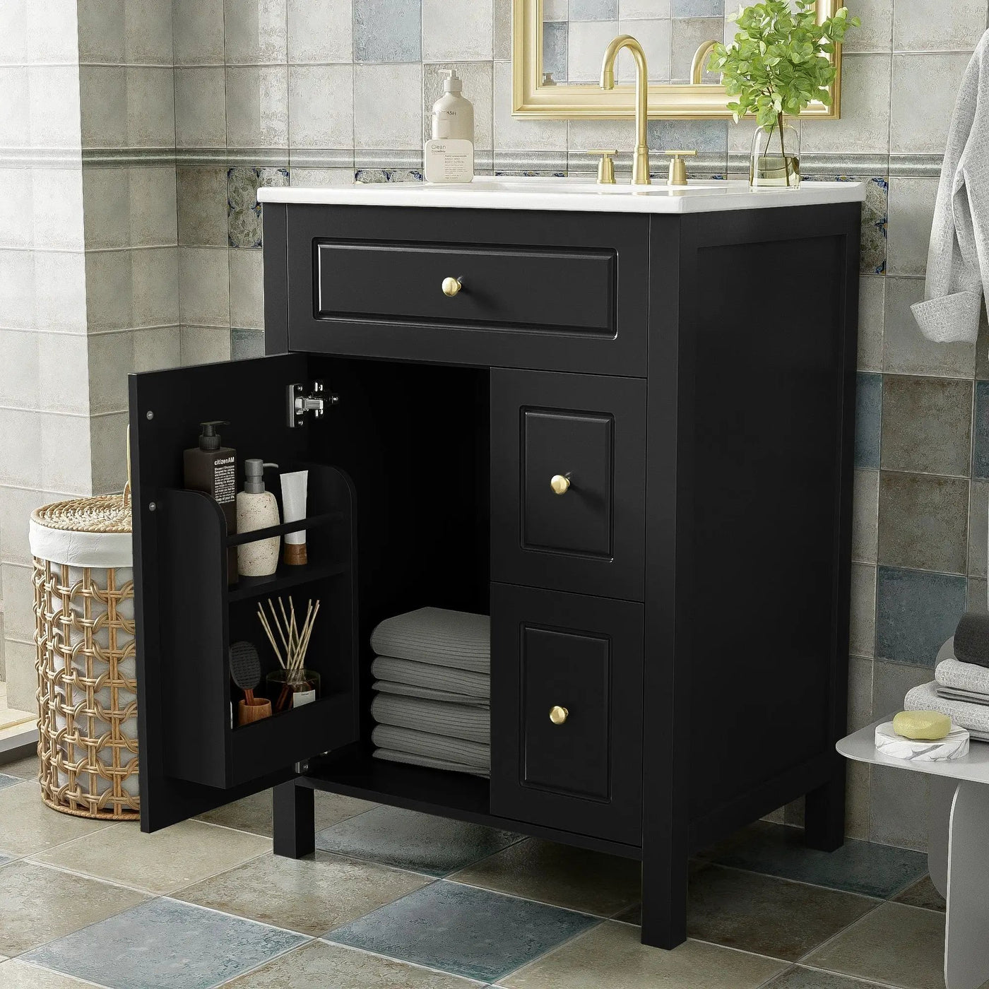 Elegant Bathroom Vanity With Ceramic Sink, Soft Close Doors And Drawers, Double Storage Racks by Unique Piece Furniture