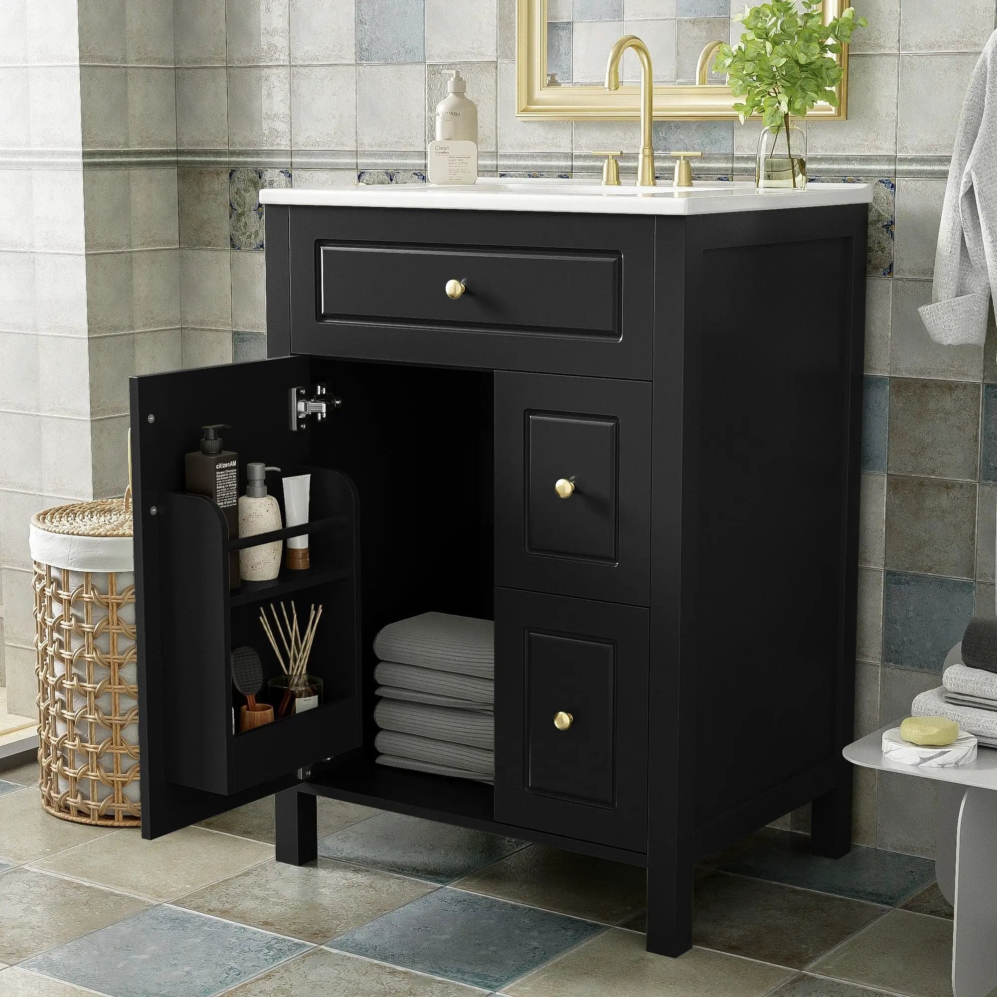 Elegant Bathroom Vanity With Ceramic Sink, Soft Close Doors And Drawers, Double Storage Racks by HouseOfZazla