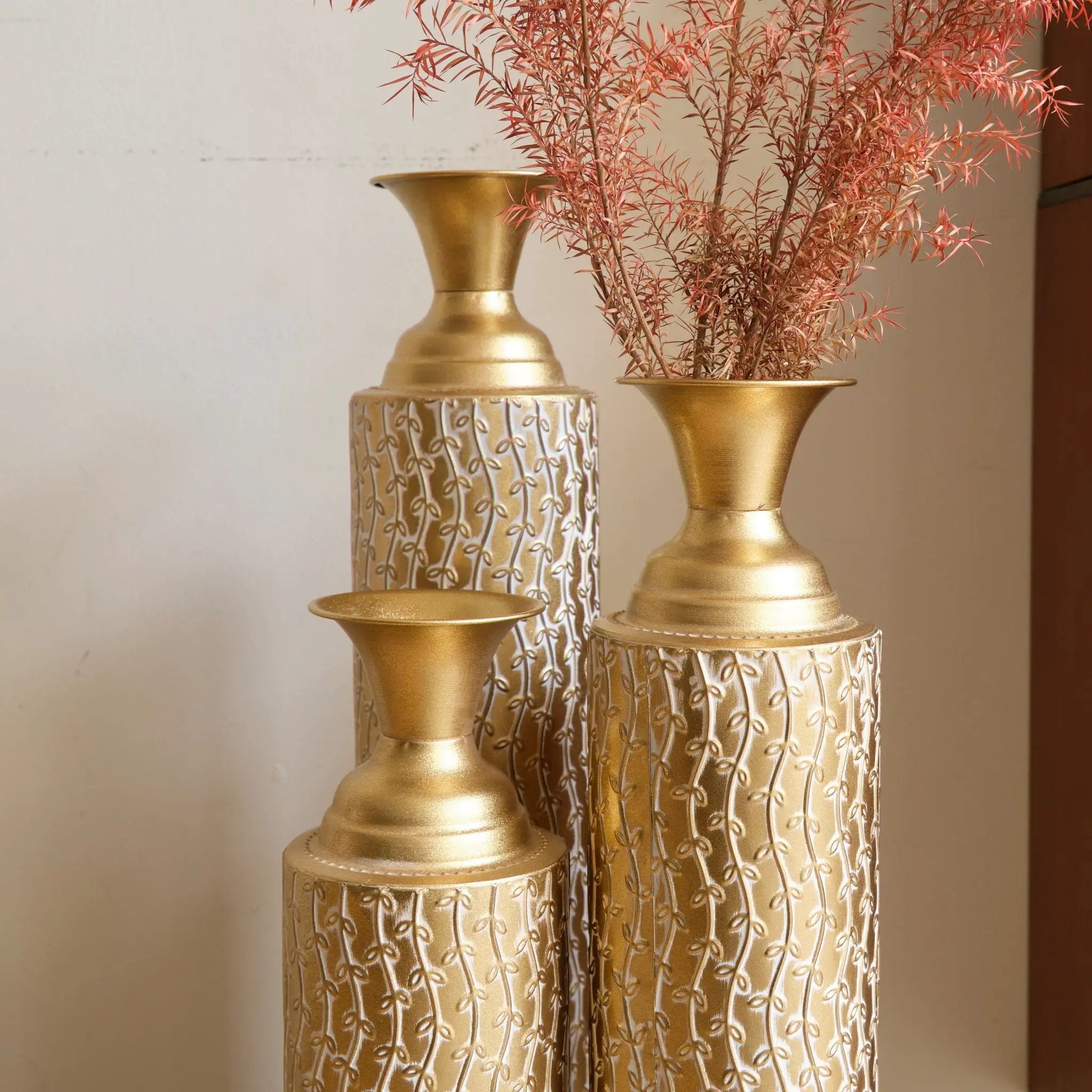 Metal Decorative Vases High Distress Metal Center Vases With Growing Vine Patterns, (Set of 3) Vases For Home Decoration - Gold by HouseOfZazla