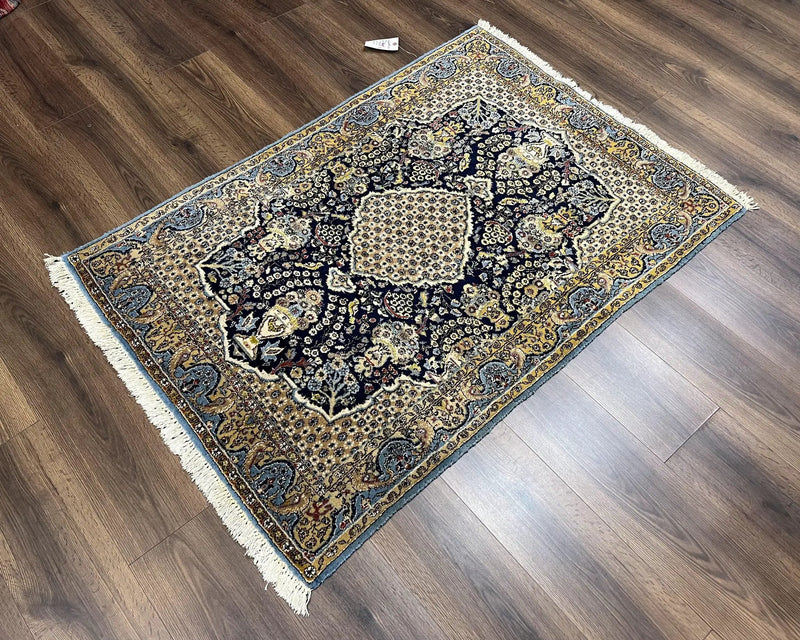 Fine Persian Qum Rug 3x5, Semi Antique Vintage Oriental Ghom Carpet, Floral Medallion, Highly Detailed, Hand Knotted, Navy Blue, Wool Area Rug, Birds by Jewel Rugs