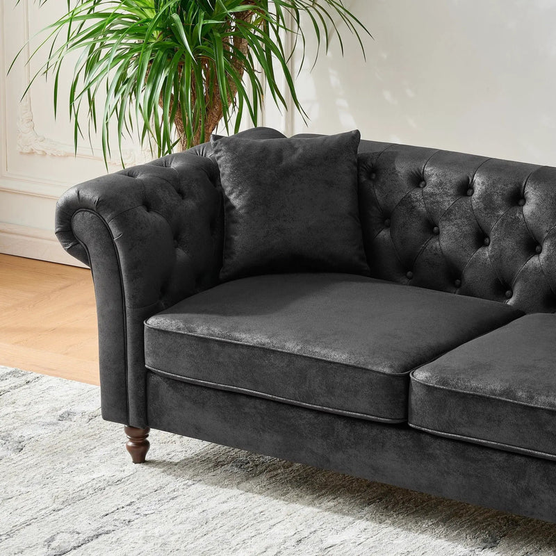 Chesterfield Sofa, High Tech Fabric Roll Armrest, 3 Seater Mid Century Modern Couch - Black by HouseOfZazla