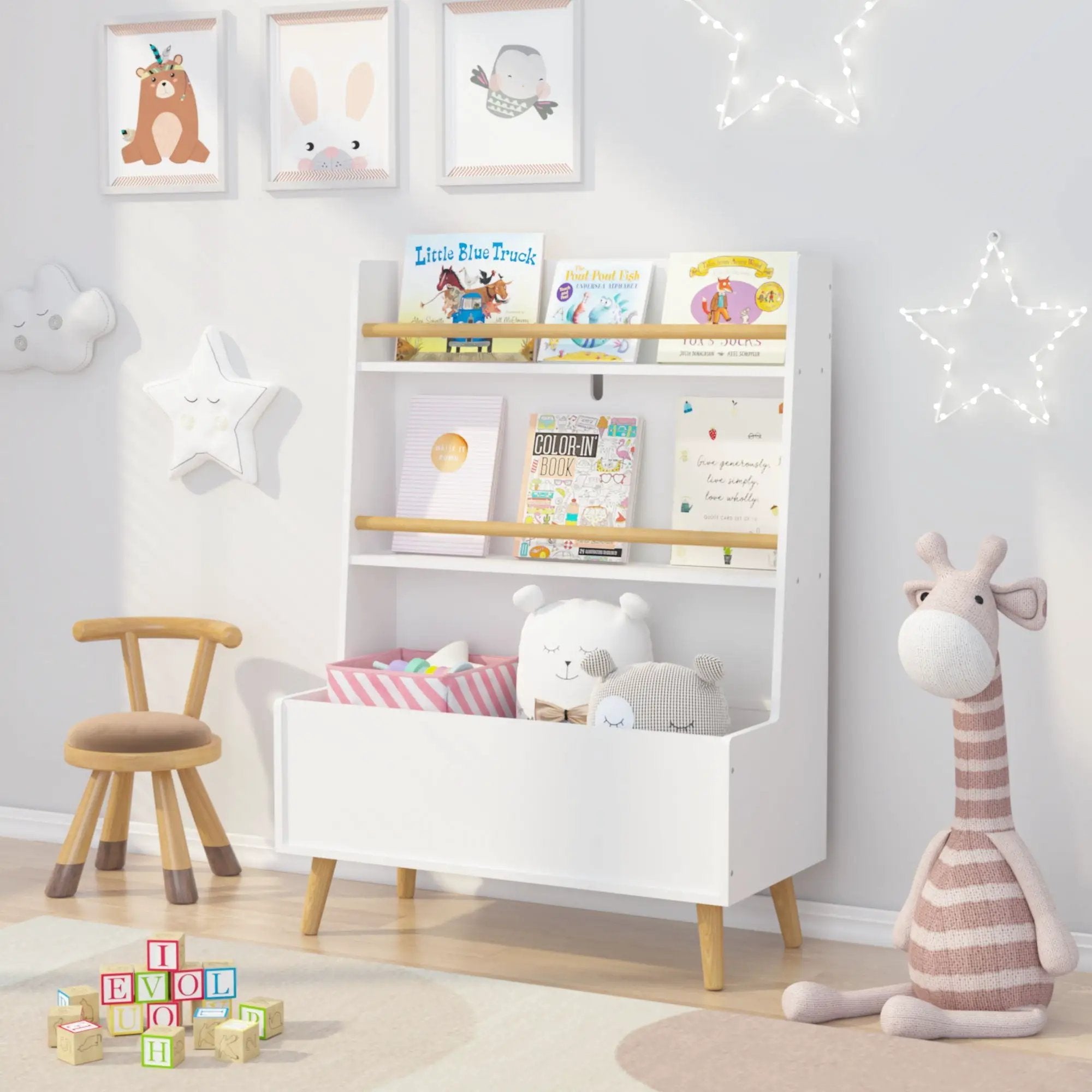 Bookshelf, Book Organizer With Toy Storage - White by HouseOfZazla