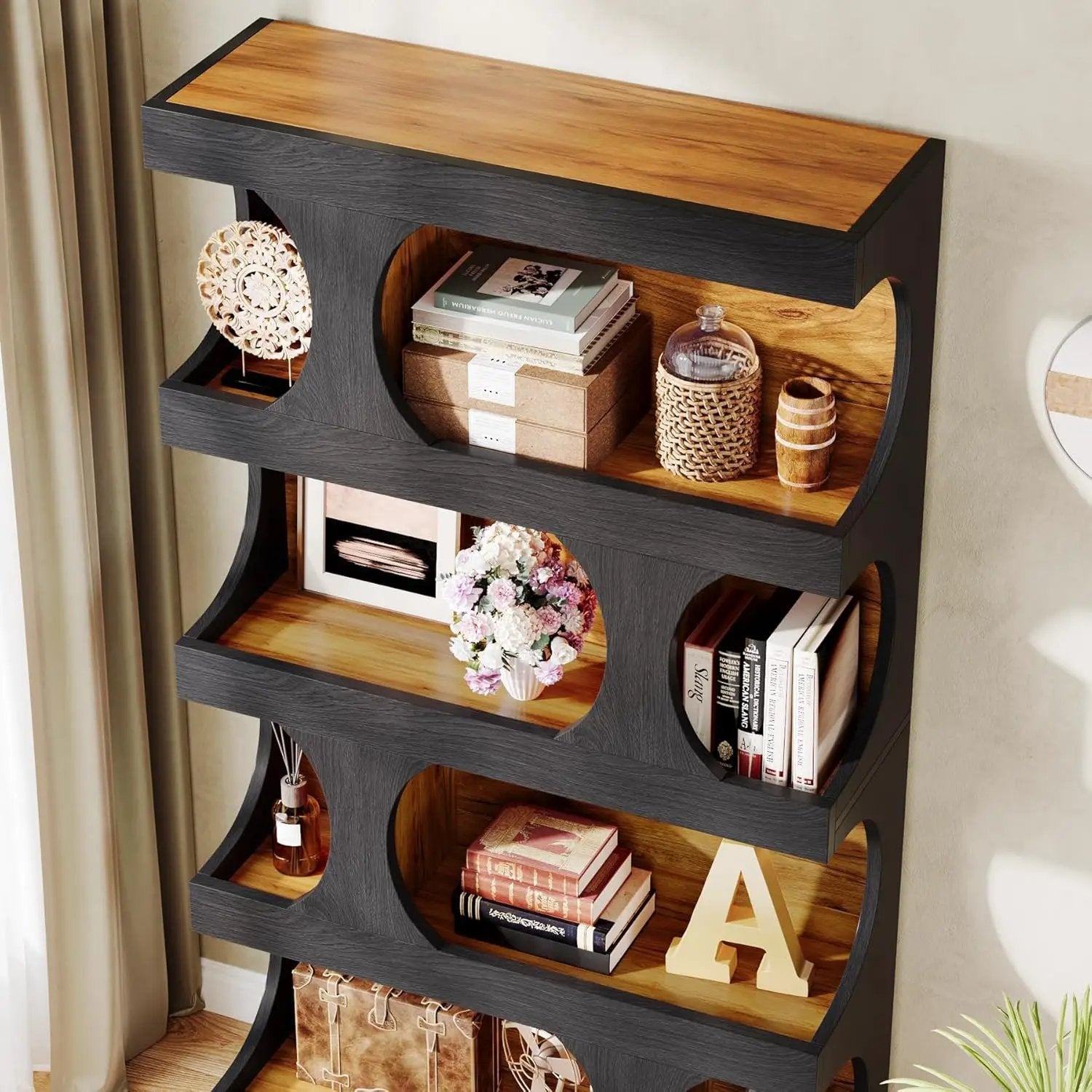 4 Tier S-Shaped Freestanding Storage Shelf For Living Room - Black / Brown by HouseOfZazla