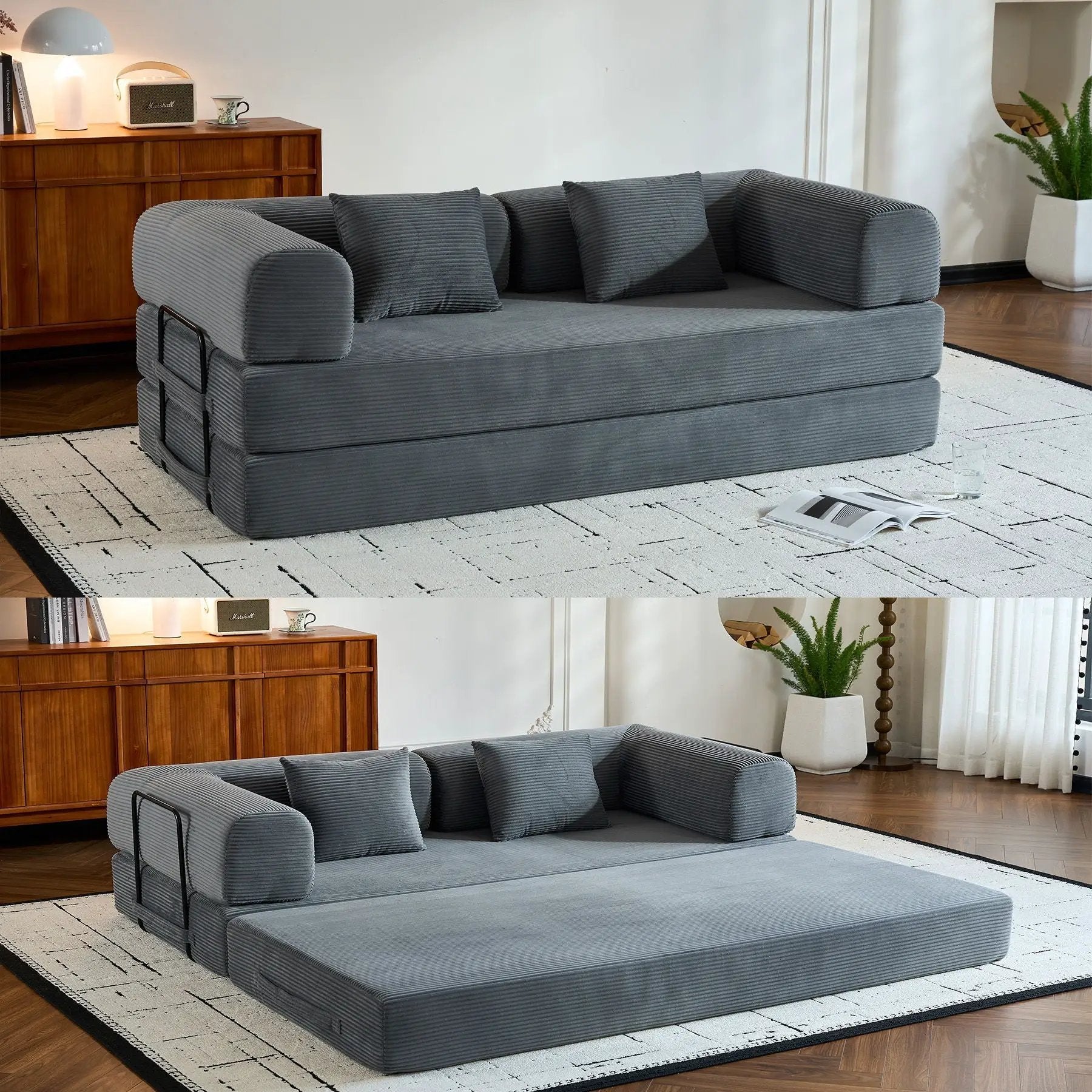 Convertible Sleeper Sofa Bed With Cylindrical Pillow, With Fixed Shape Frame by HouseOfZazla