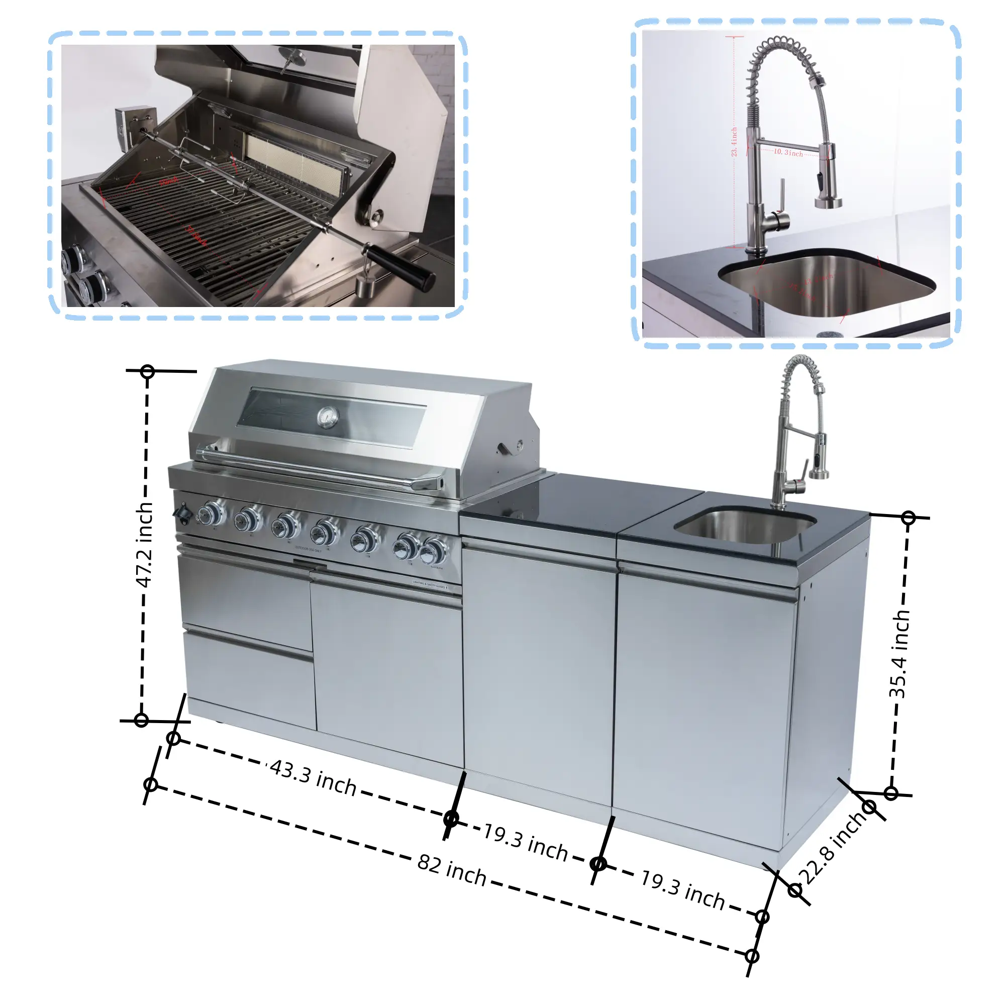82" 6-Burner 85000 BTU Silver Outdoor Kitchen Island Grill + Storage Cabinets & Drawers & Sink/Faucet by Chery Industrial