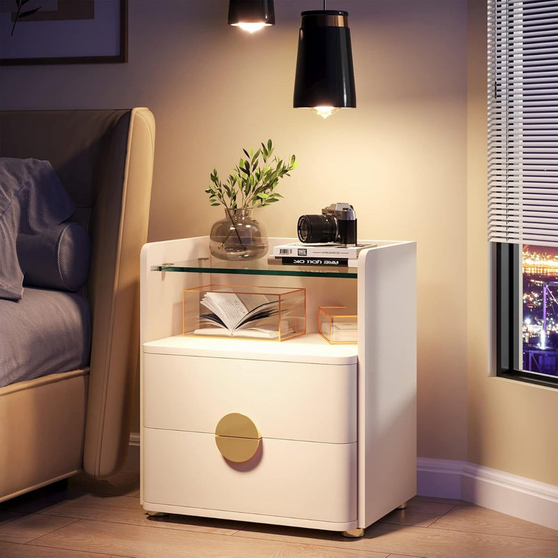 2 Drawer Nightstand With Open Shelf, Bedside Table - Beige by HouseOfZazla