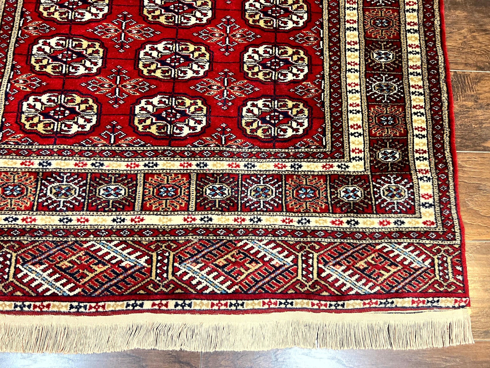 Pakistani Bokhara Rug 4x6, Red Turkoman Carpet, Finely Hand Knotted, Wool Vintage Rug by Jewel Rugs