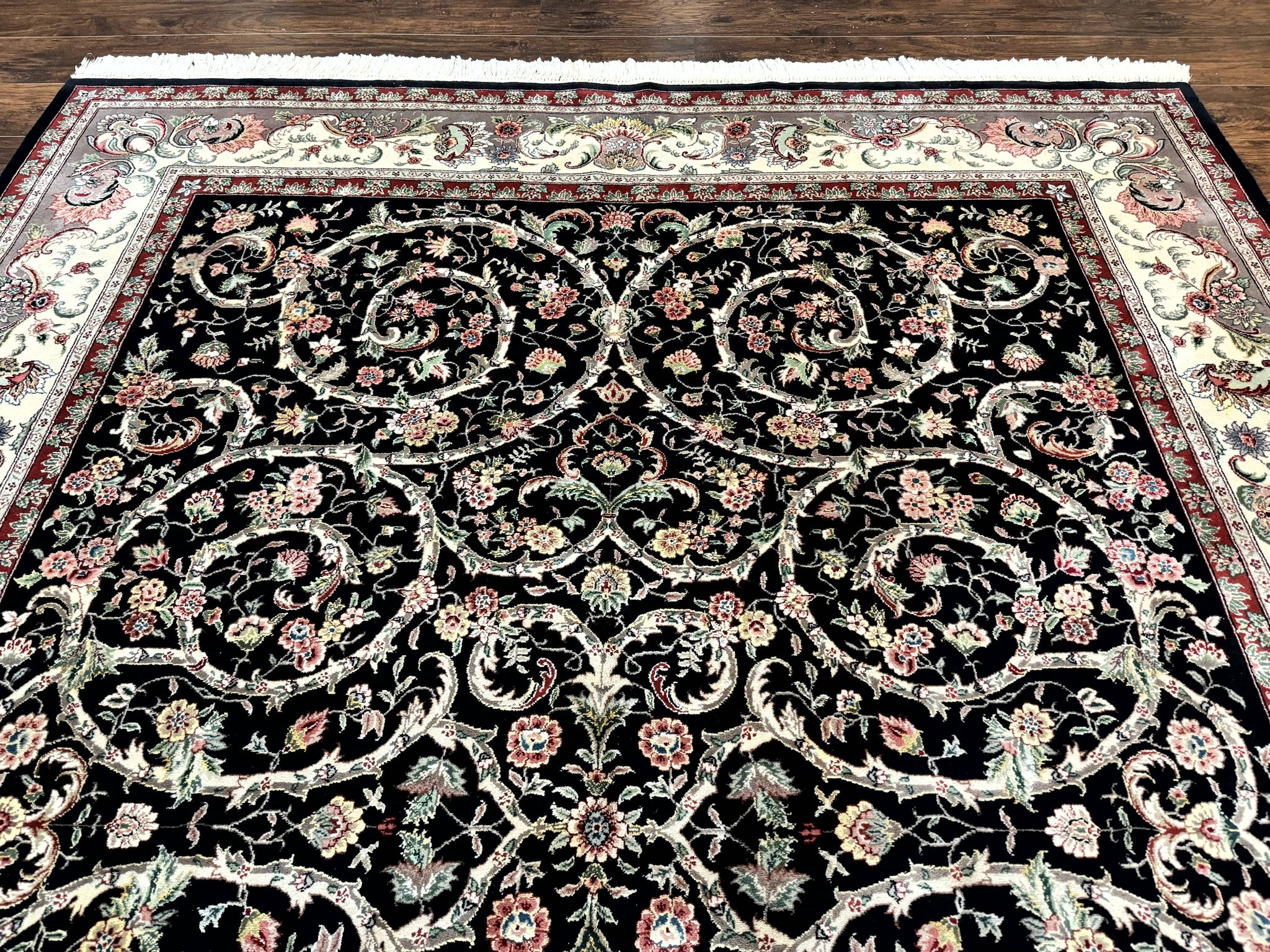 Black Pak Persian Rug 8x11, Floral Pattern, Hand Knotted Vintage Wool Rug with Silk Highlights, Fine 200 KPSI by Jewel Rugs
