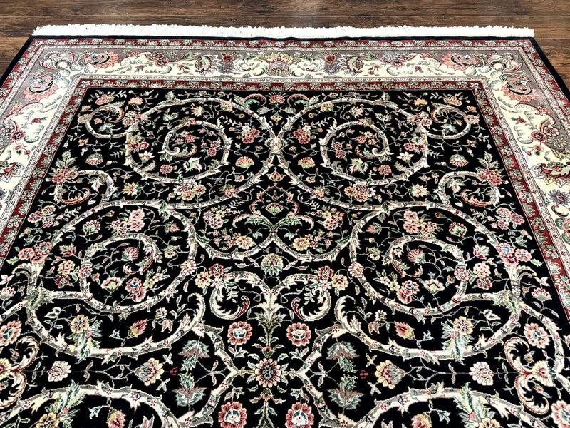 Black Pak Persian Rug 8x11, Floral Pattern, Hand Knotted Vintage Wool Rug with Silk Highlights, Fine 200 KPSI by Jewel Rugs