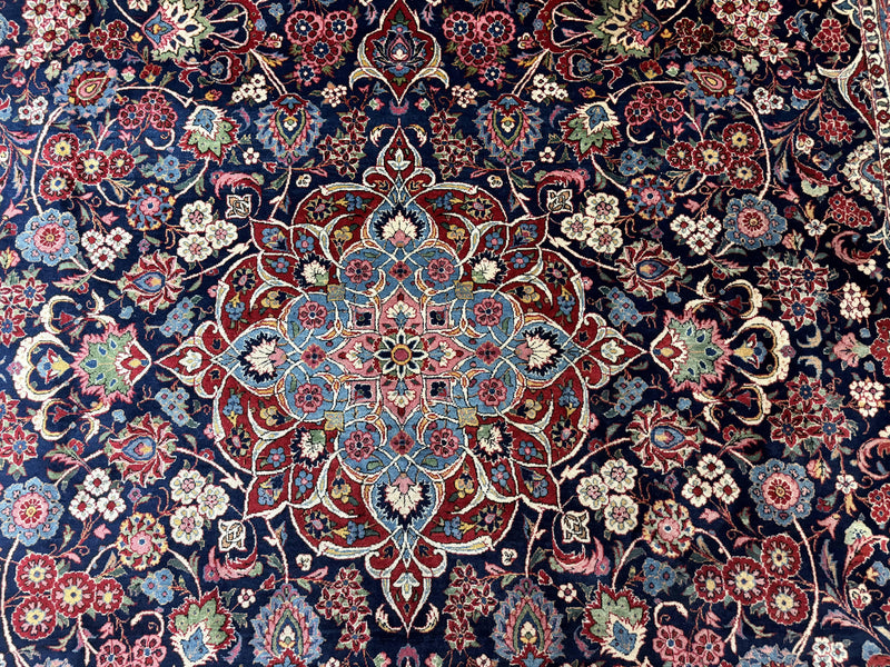 Navy Blue Persian Rug 9x12, Antique Persian Carpet, Kork Wool, 200 KPSI, Persian Kashan Rug by Jewel Rugs