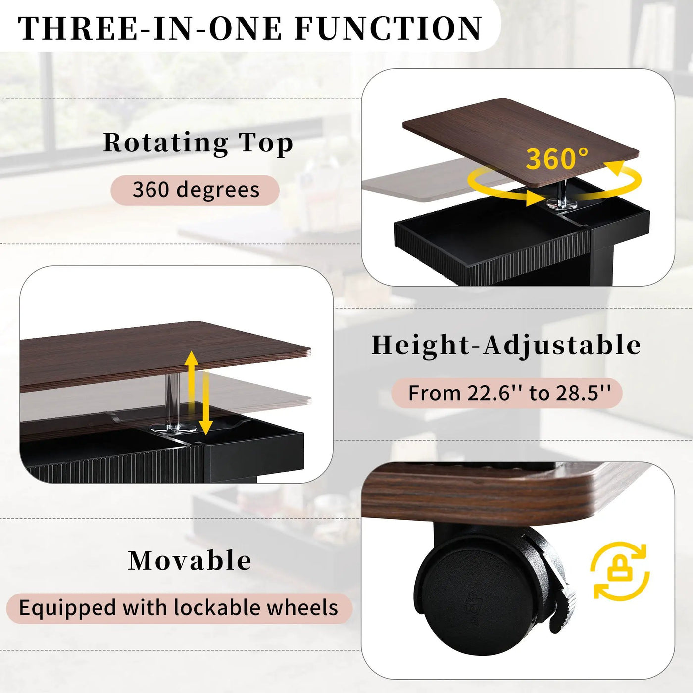 Adjustable End Table With Wheels, 360°Rotating Top And Storage Space by Unique Piece Furniture