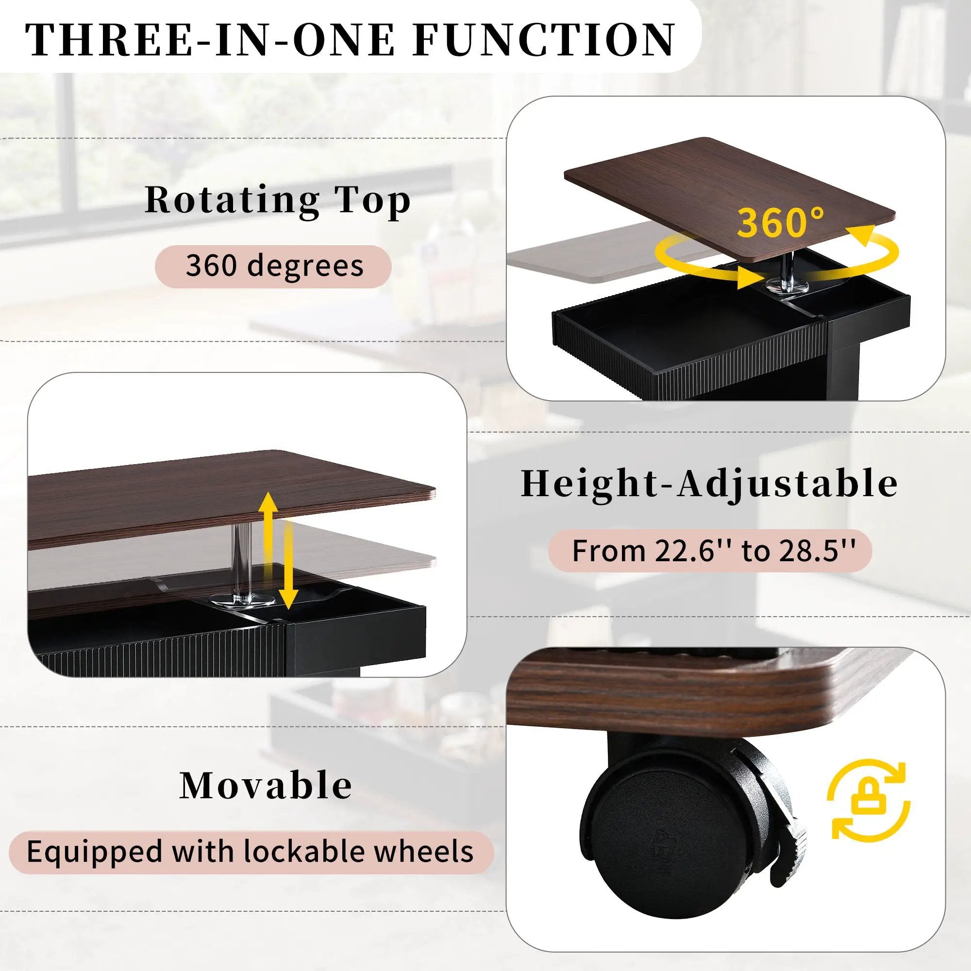 Adjustable End Table With Wheels, 360°Rotating Top And Storage Space by Unique Piece Furniture