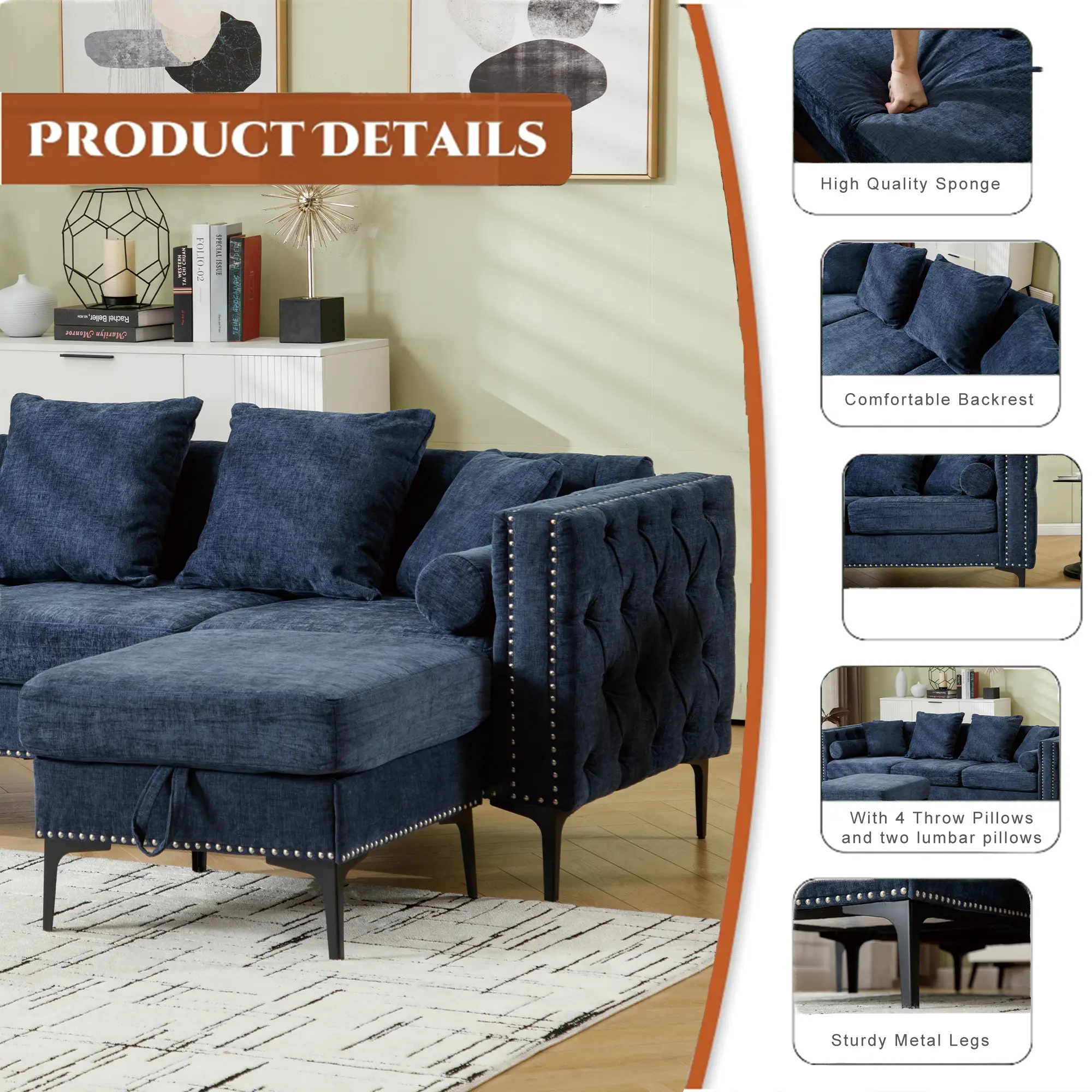 L Shaped Sectional Convertible Sofa with Storage Ottoman and Modern Tufted style by BLAKHOM