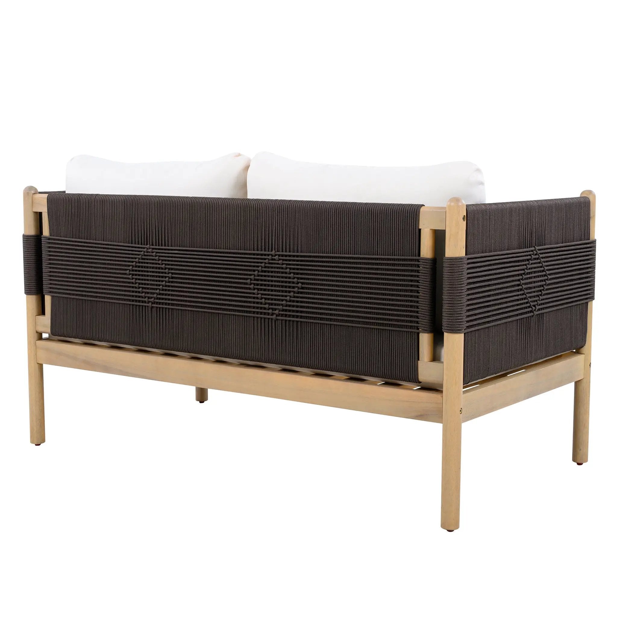 Outdoor Acacia Wood Loveseat with Diamond Rope Weave & Cushions, Light Teak by HouseOfZazla