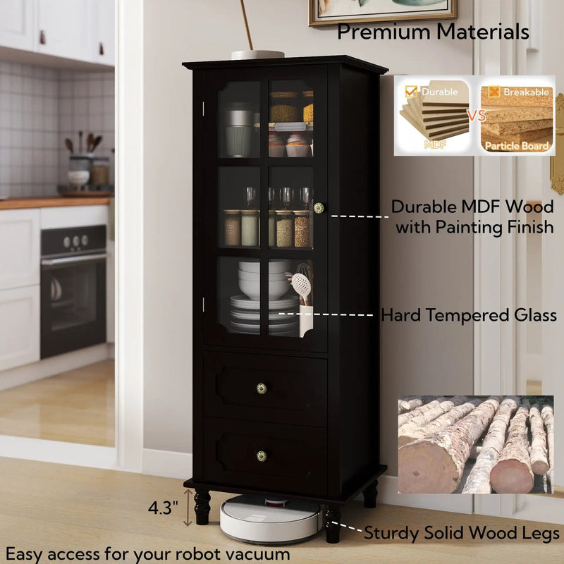 Black Tall Storage Cabinet with Glass Door & 2 Drawers by HouseOfZazla