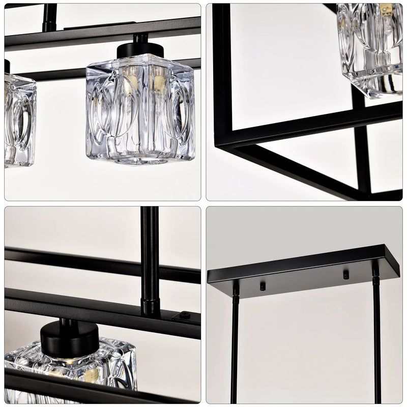 6 Light Farmhouse Chandelier, Modern Industrial Linear Rectangular Crystal Pendant Light Cage Chandelier For Dining Room, Kitchen Island, Bar, Long Table, G9*6 Bulbs Included - Matte Black by HouseOfZazla