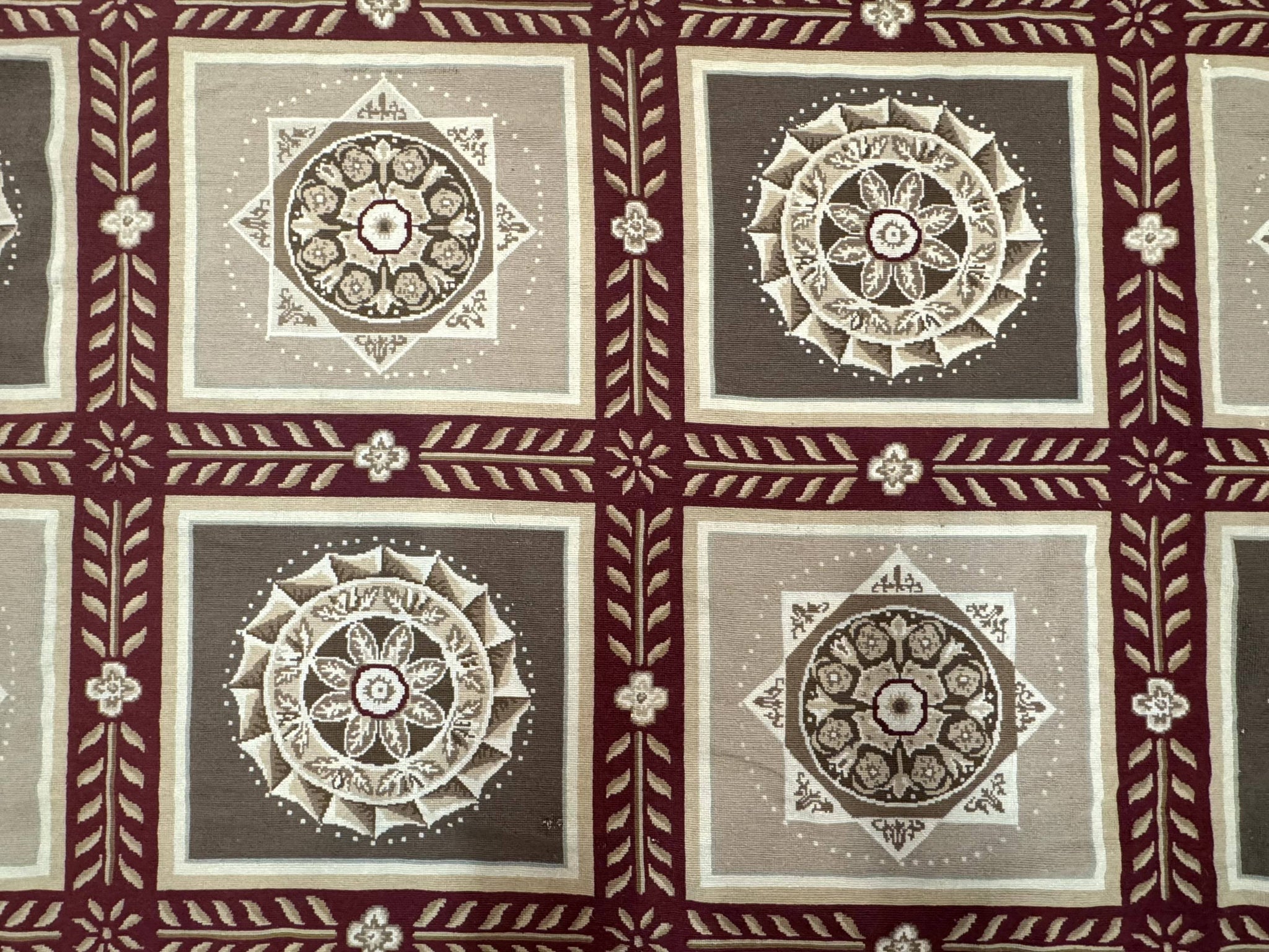 Needlepoint Rug 9x12, Panel Design, Burgundy Taupe, Elegant by Jewel Rugs
