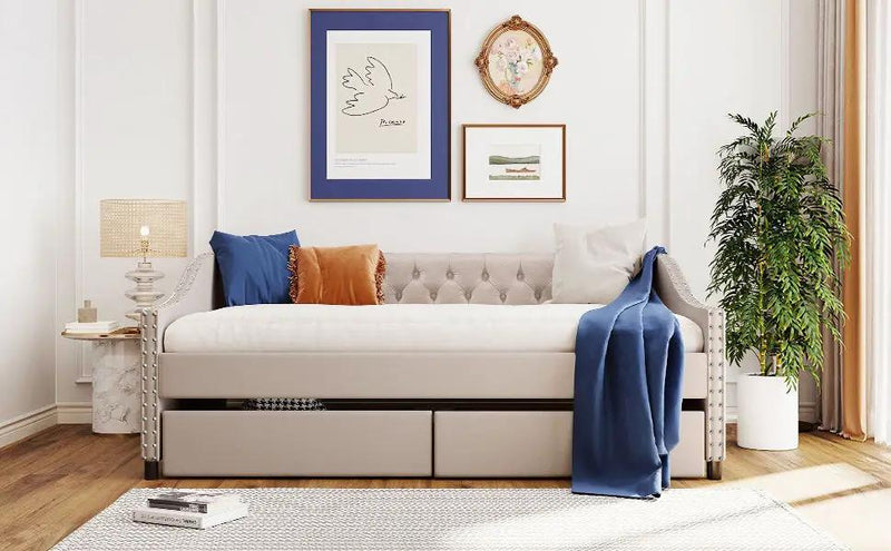 Upholstered Daybed With Two Drawers, Wood Slat Support by HouseOfZazla