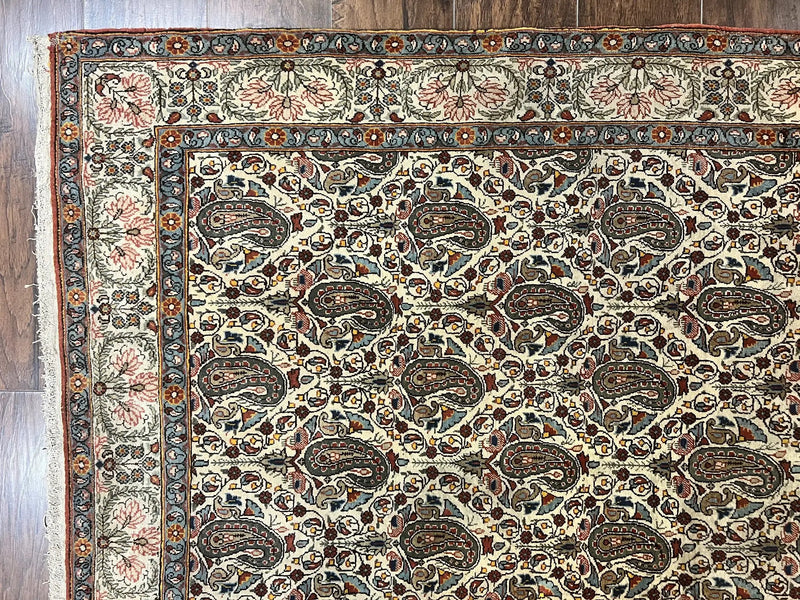 Persian Qum Rug 5x6, Cream Wool Hand Knotted Carpet, Repeated Boteh Paisely Design, Semi Antique Vintage Rug, Very Fine Weave 5 x 6 Rug by Jewel Rugs