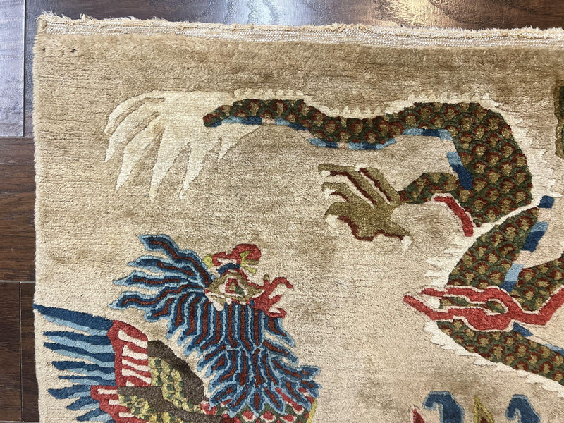 Antique Chinese Peking Rug 3 x 5.6, Dragon Motifs, Handmade Wool Asian Oriental Carpet by Jewel Rugs
