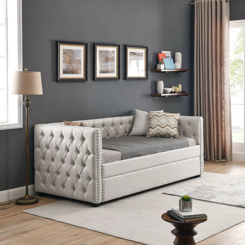 Inspired Upholstered Daybed With Trundle, Button Tufted by HouseOfZazla