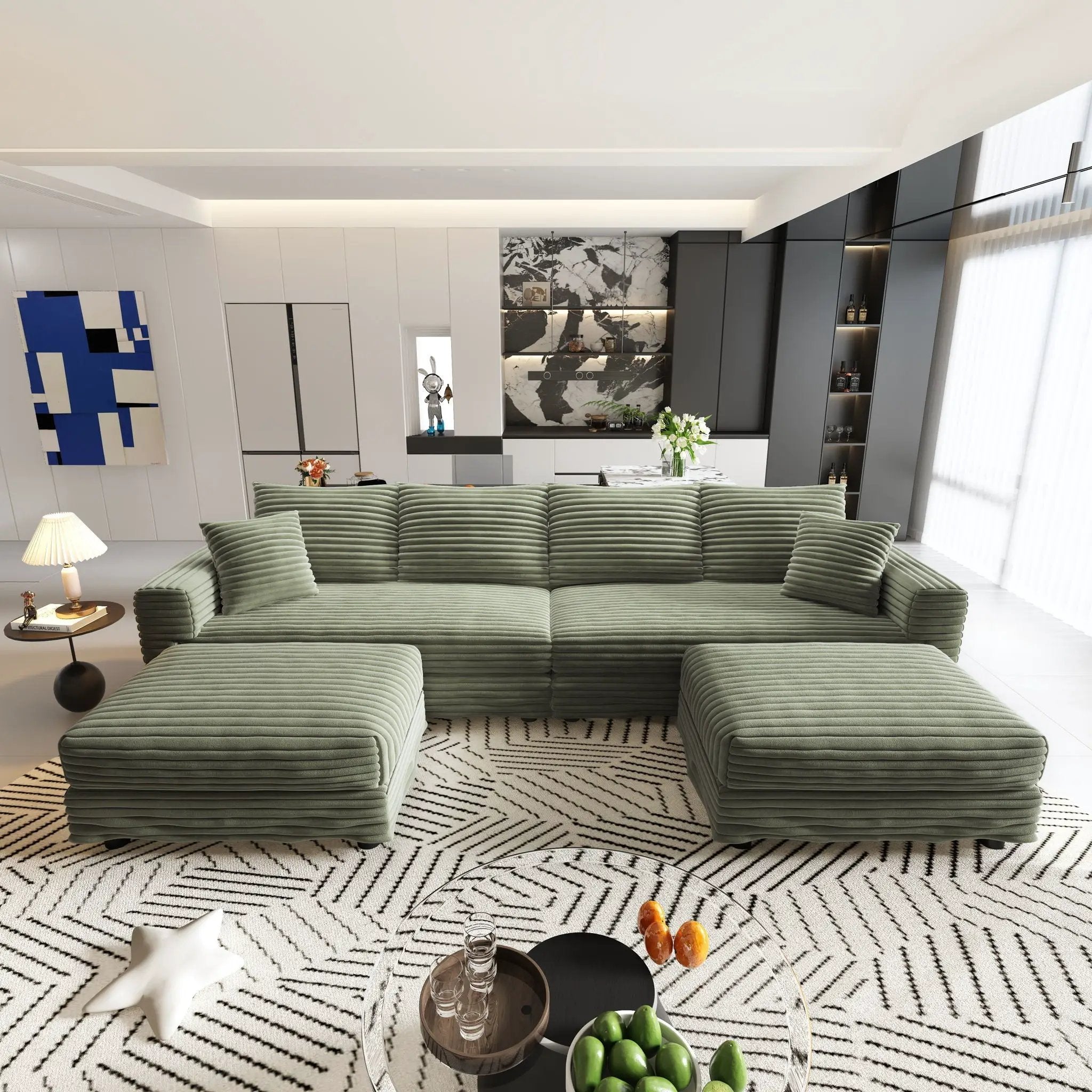 Convertible Deep Seat Sofa With Soft Pillows And Ottomans