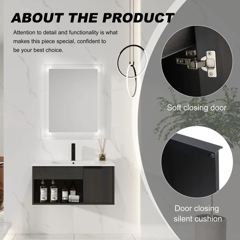 Wall Mounted Floating Bathroom Vanity With Open Shelf & Soft Close Door