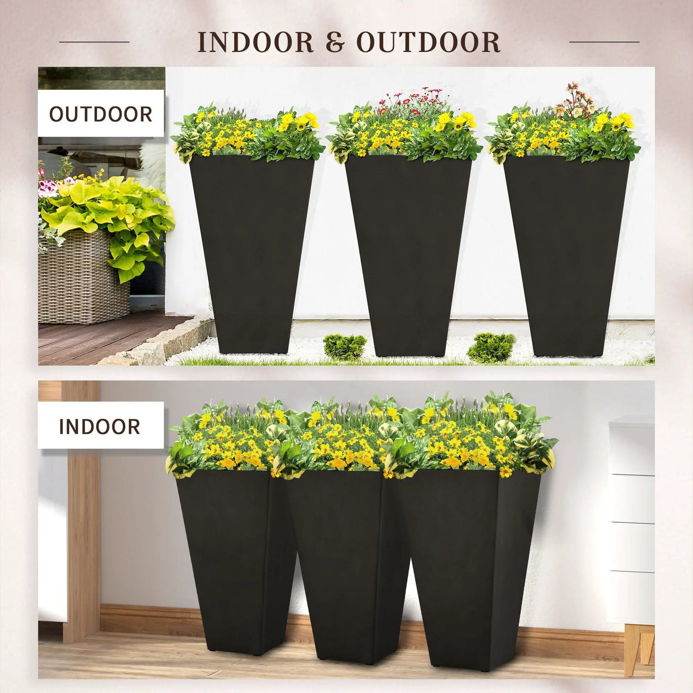 Outsunny - Outdoor Planters (Set of 3) Large Taper Planters With Drainage Holes And Plug, Faux Wood Plastic Flower Pots For Outdoor, Indoor, Garden, Patio by Unique Piece Furniture