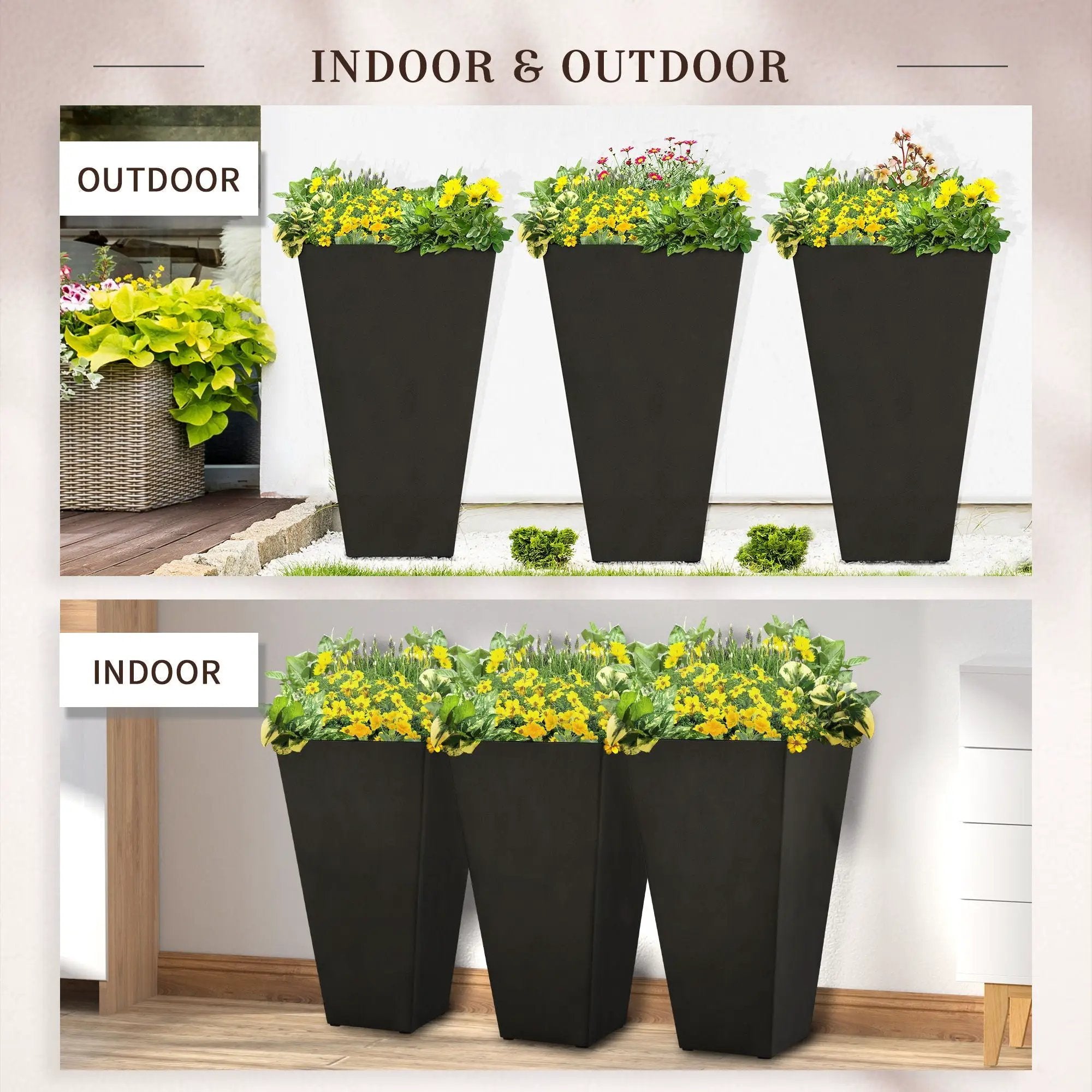 Outsunny - Outdoor Planters (Set of 3) Large Taper Planters With Drainage Holes And Plug, Faux Wood Plastic Flower Pots For Outdoor, Indoor, Garden, Patio by HouseOfZazla