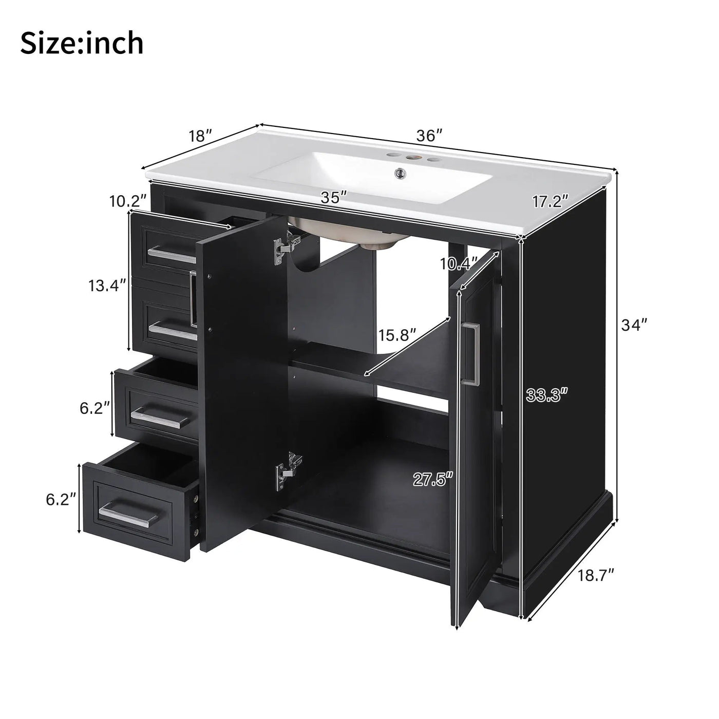 Bathroom Vanity With Sink, Soft Close Doors, Adjustable Shelf & 3 Drawers by Unique Piece Furniture