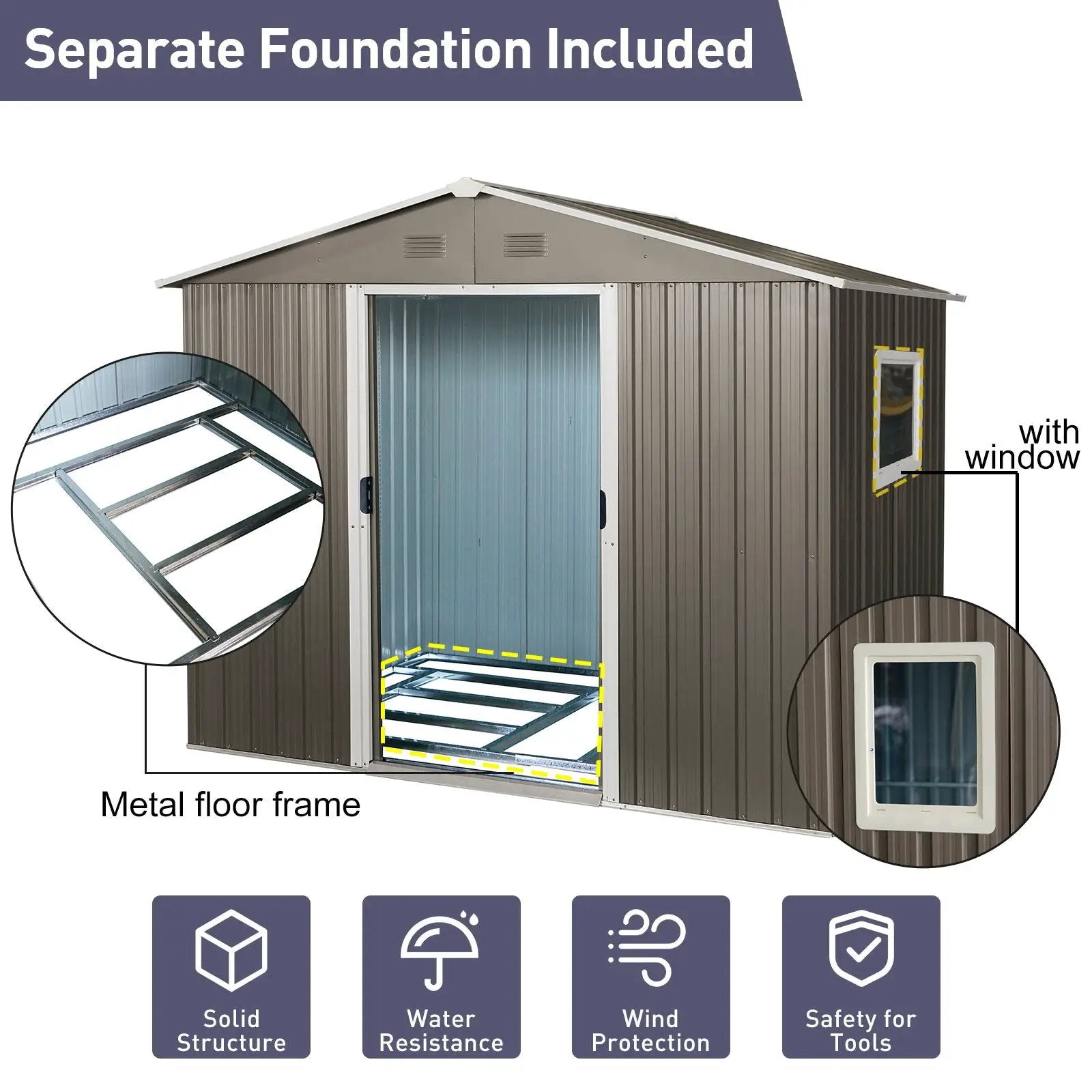 8Ft x 6Ft Outdoor Metal Storage Shed With Window (W540S00016) - Gray by HouseOfZazla