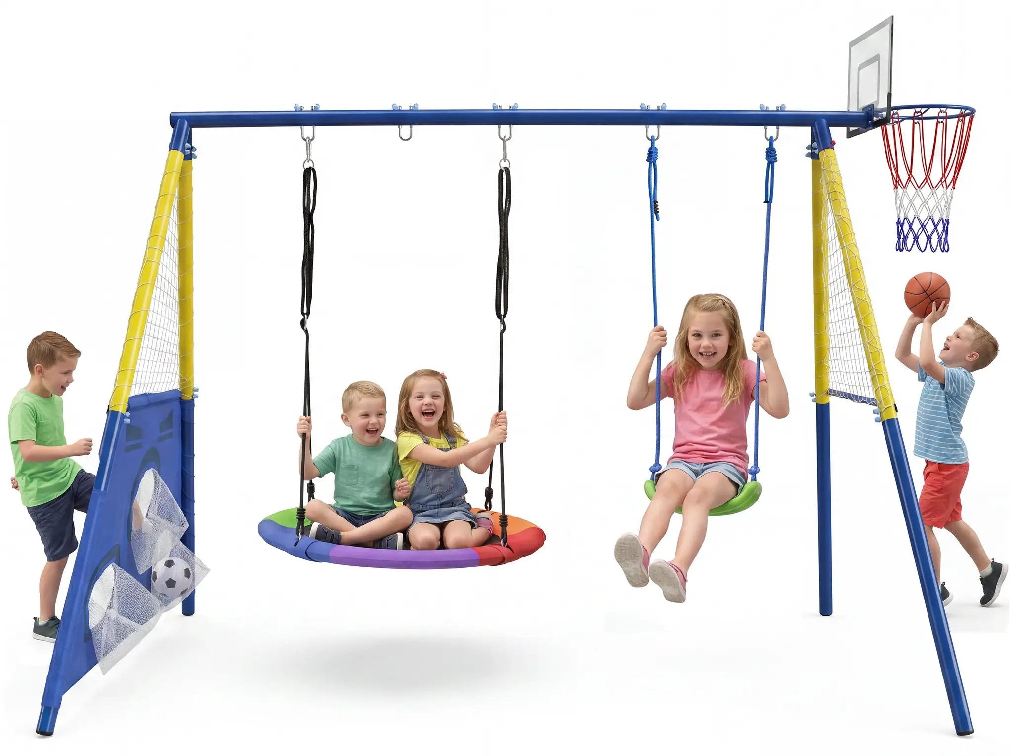 5-in-1 Kids Swing Set with Saucer Swing, Belt Swing, Basketball Hoop & Soccer Goal by HouseOfZazla