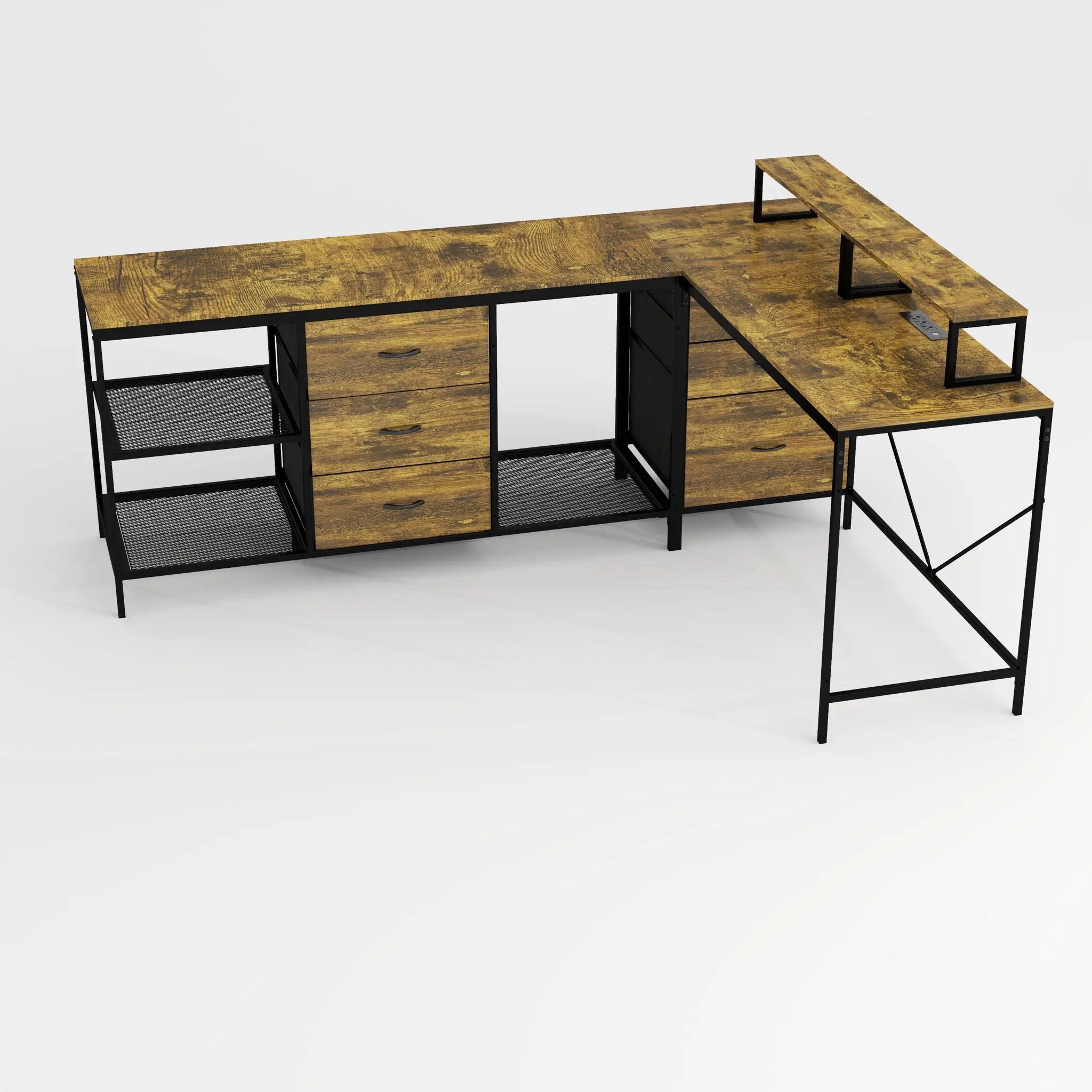 Industrial L Shaped Desk With Power Hub With 6 Drawers And Adjustable Monitor Stands - Brown by HouseOfZazla