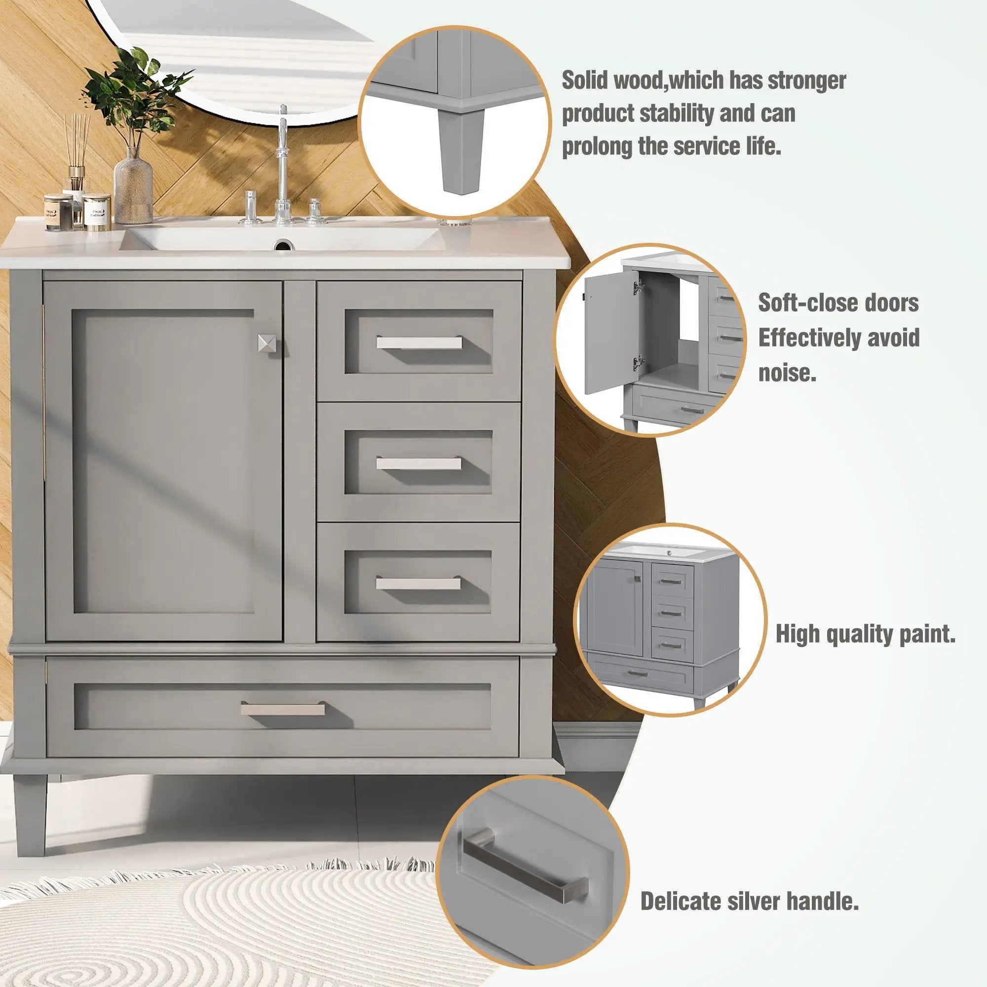 Bathroom Vanity, Modern Bathroom Cabinet With Sink Combo Set, Bathroom Storage Cabinet With A Soft Closing Door And 3 Drawers, Solid Wood Frame by Unique Piece Furniture