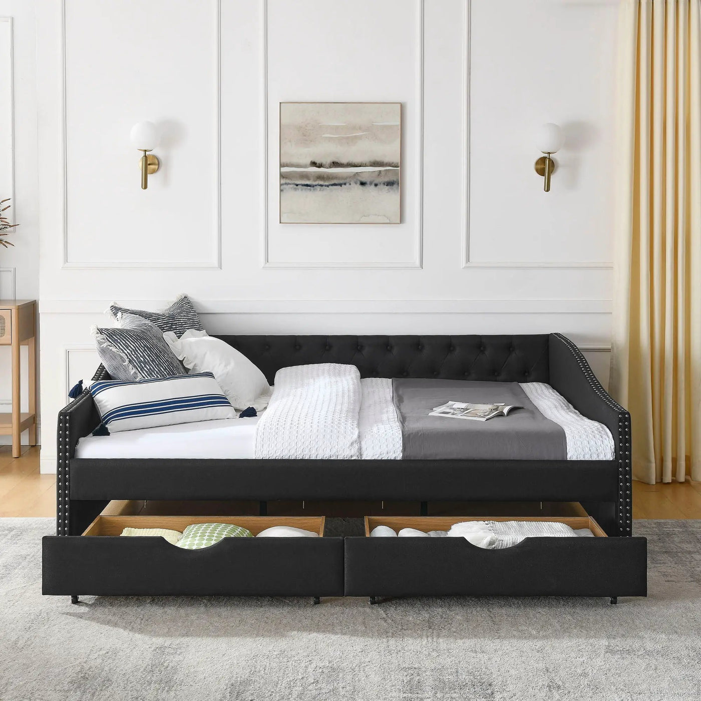 Upholstered Tufted Daybed With 2 Drawers, Waved Arms by Unique Piece Furniture