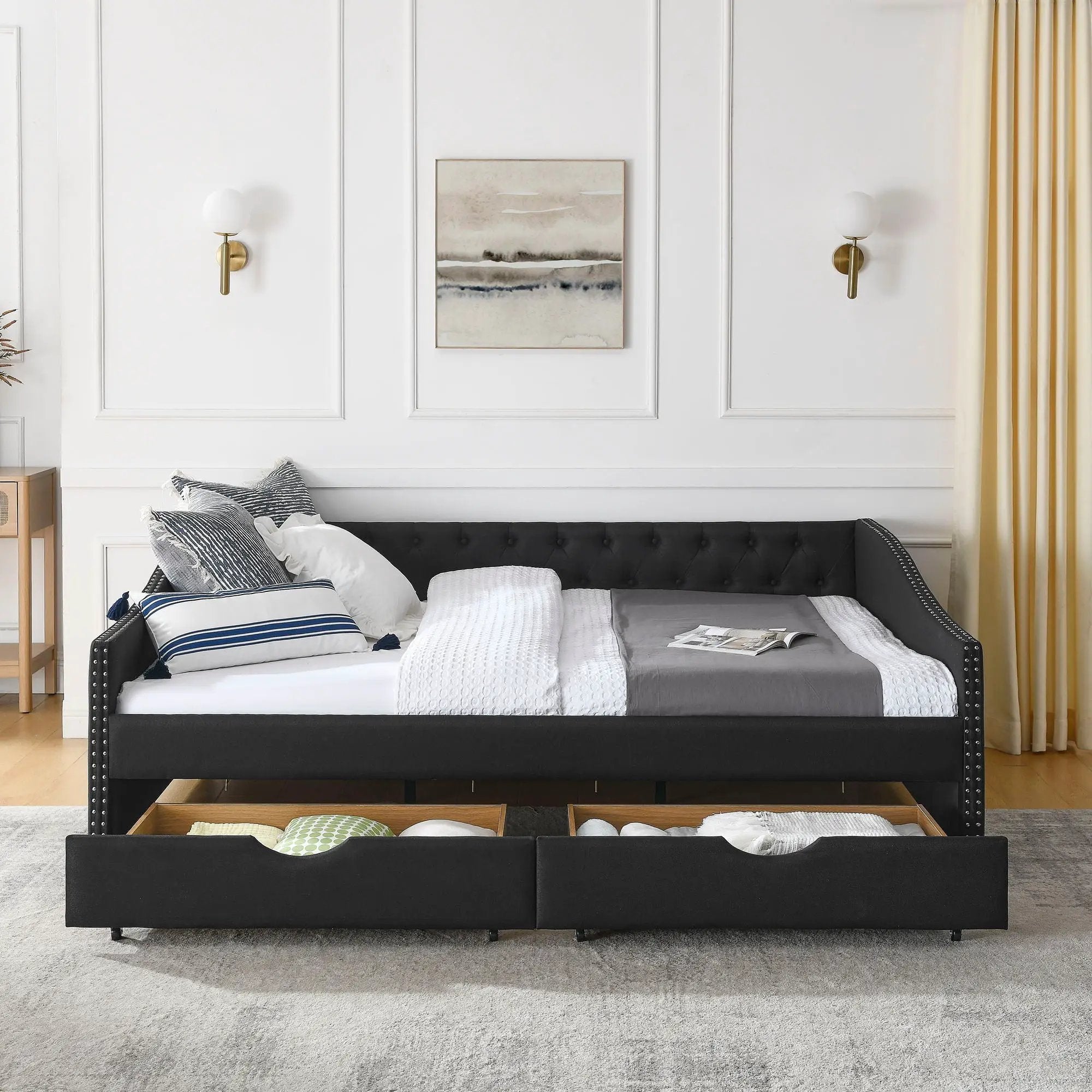 Upholstered Tufted Daybed With 2 Drawers, Waved Arms by Unique Piece Furniture