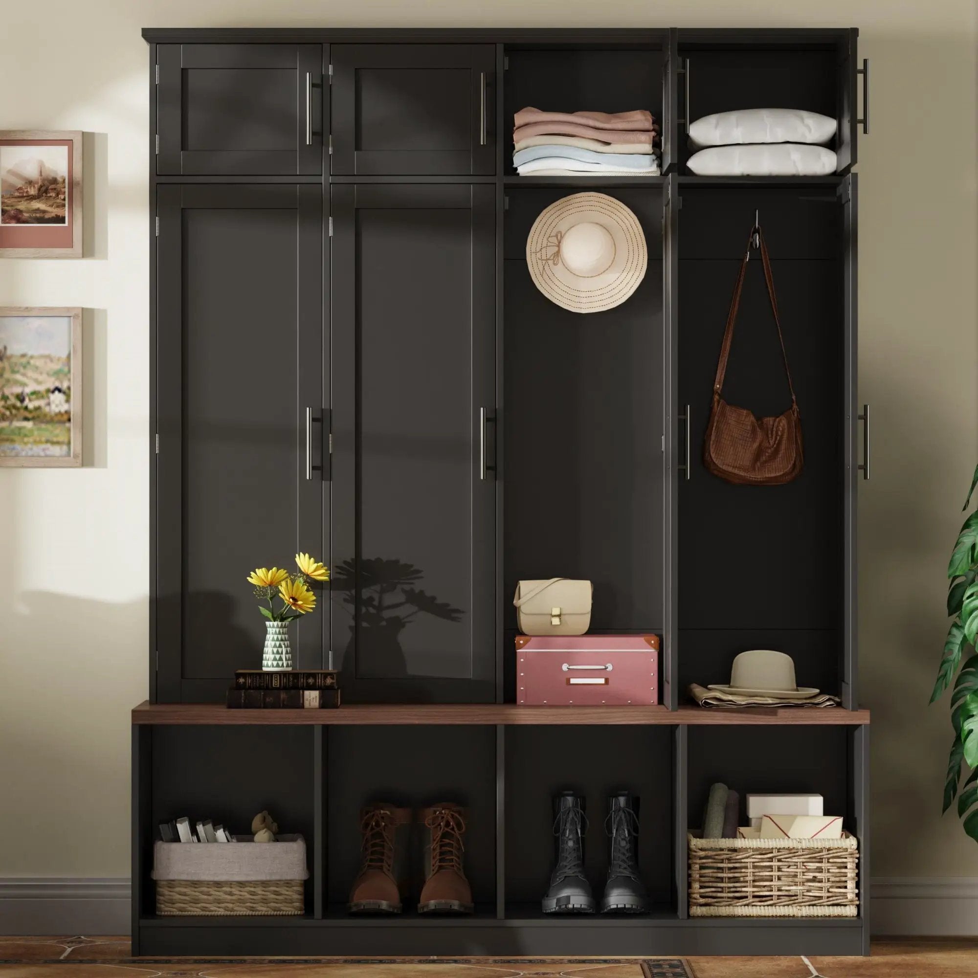 Farmhouse Hall Tree with 4 Hidden Hanging Hooks and Storage Bench by HouseOfZazla