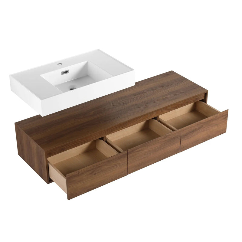 Modern Wall Mounted Bathroom Vanity With Resin Sink And Side Cabinet - Brown Ebony by HouseOfZazla