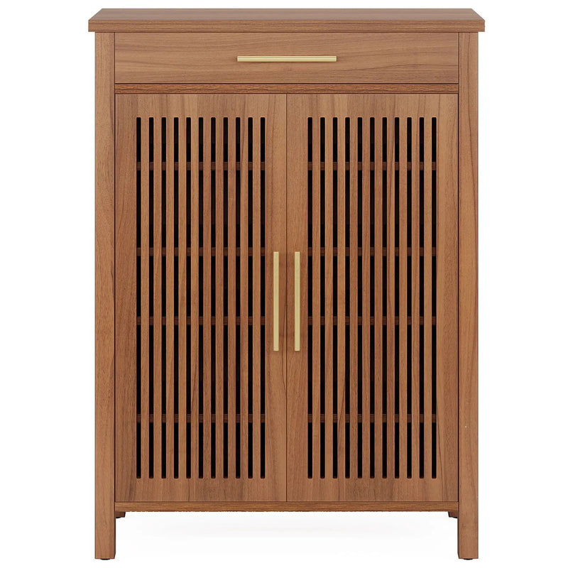 5 Tier Shoe Cabinet With Louvered Doors And Drawer, Freestanding Organizer With Adjustable Shelves For Entryway - Brown by HouseOfZazla