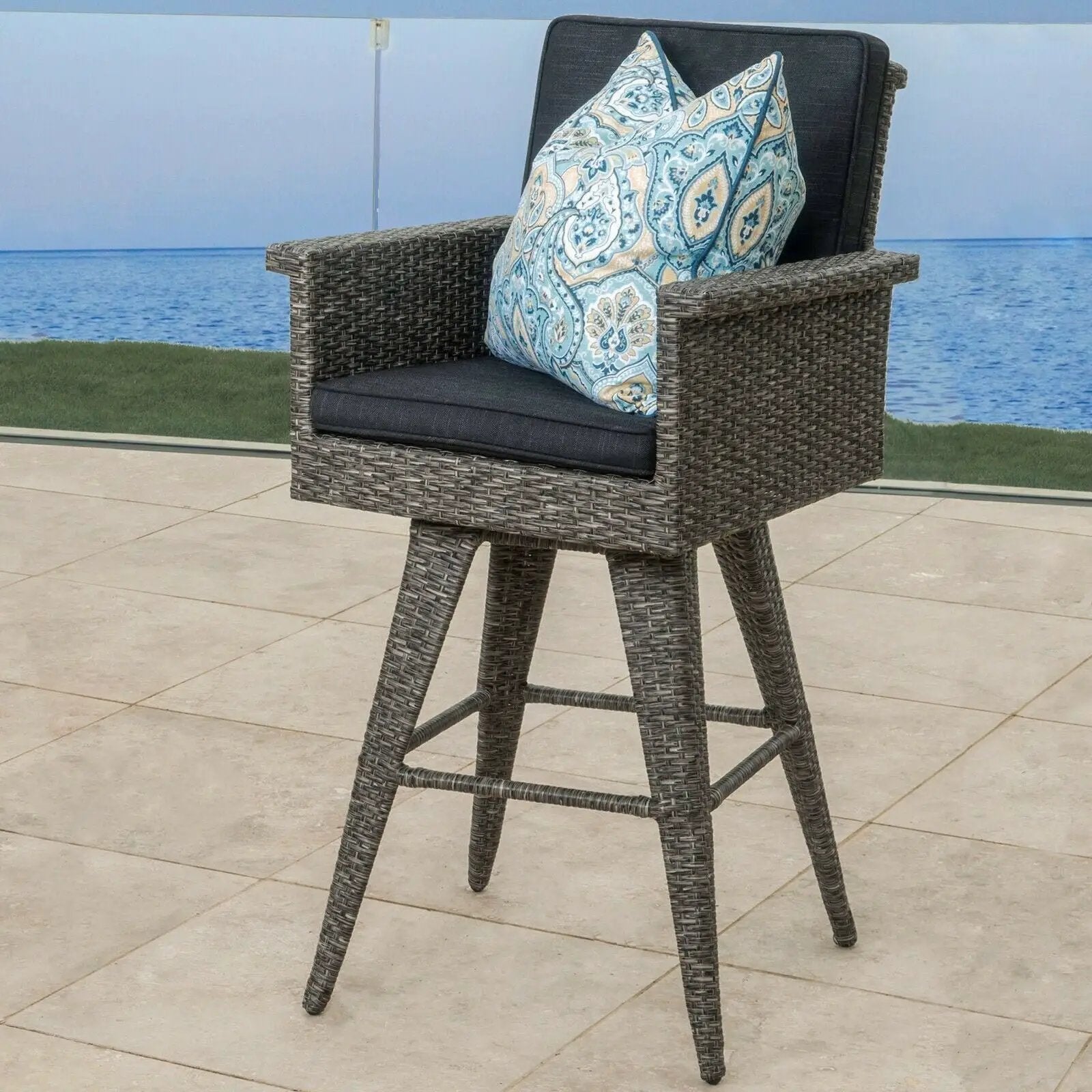 Outdoor Rattan Swivel Barstool With Water Resistant Cushion - Mixed Black / Dark Gray by HouseOfZazla