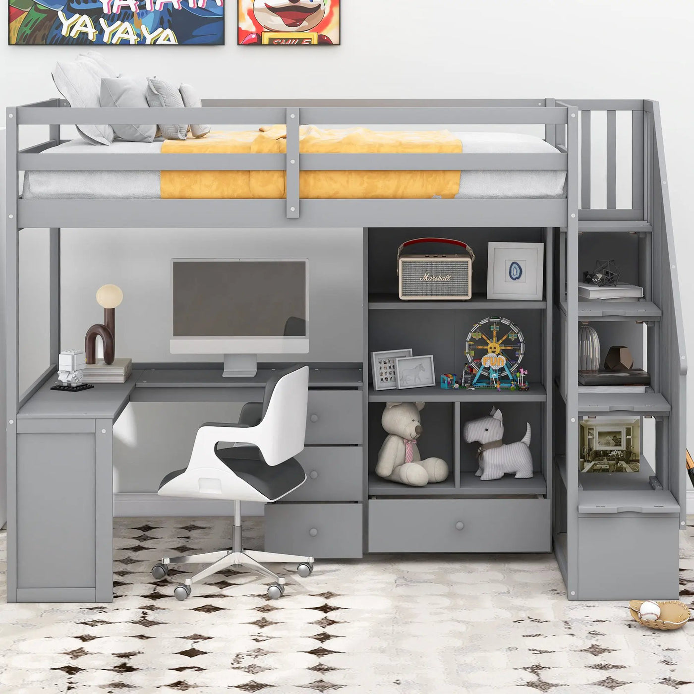 Loft Bed With L Shaped Desk, Drawers, Cabinet, And Storage Staircase by HouseOfZazla