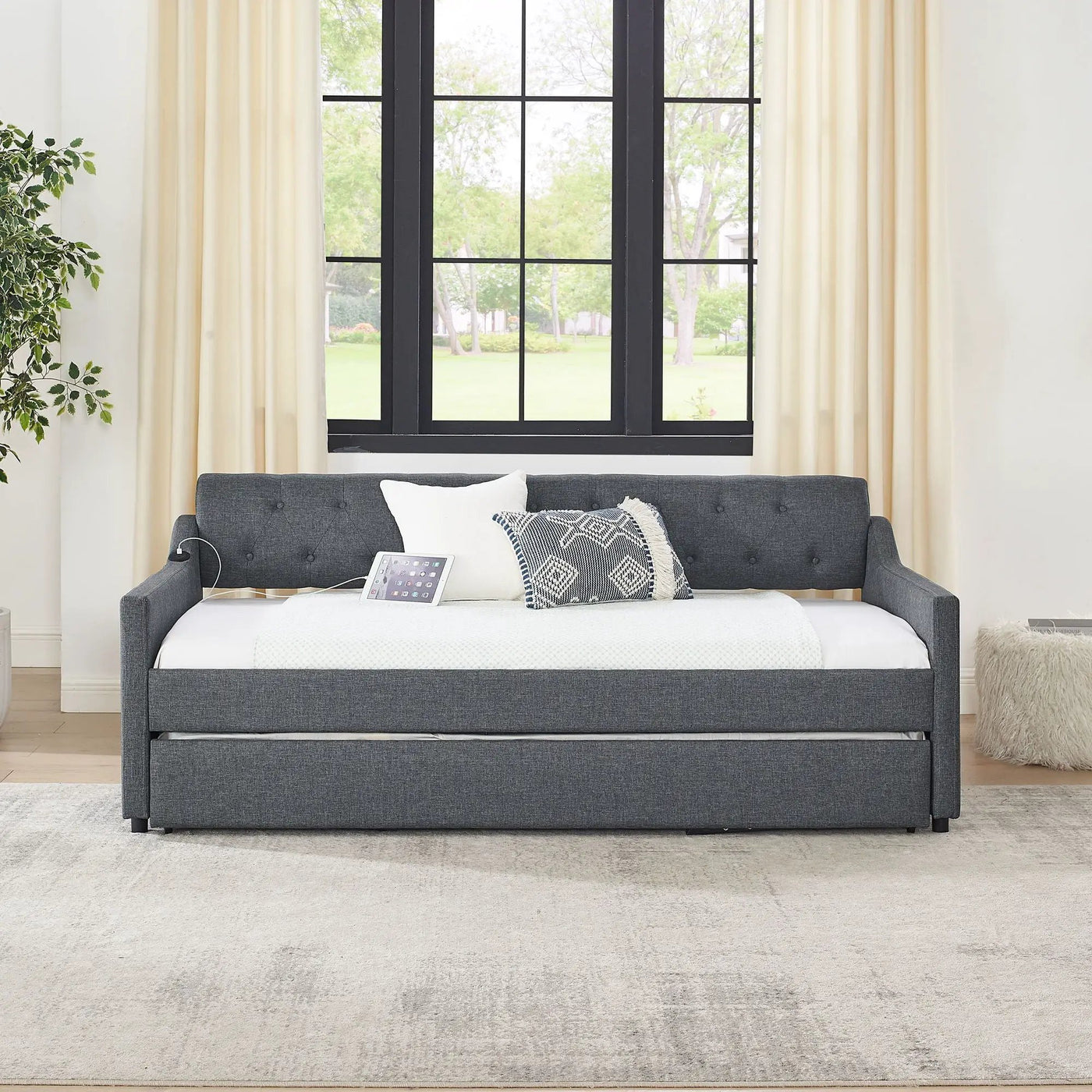 Size Upholstered Daybed With Trundle And USB Charging Armrest by Unique Piece Furniture