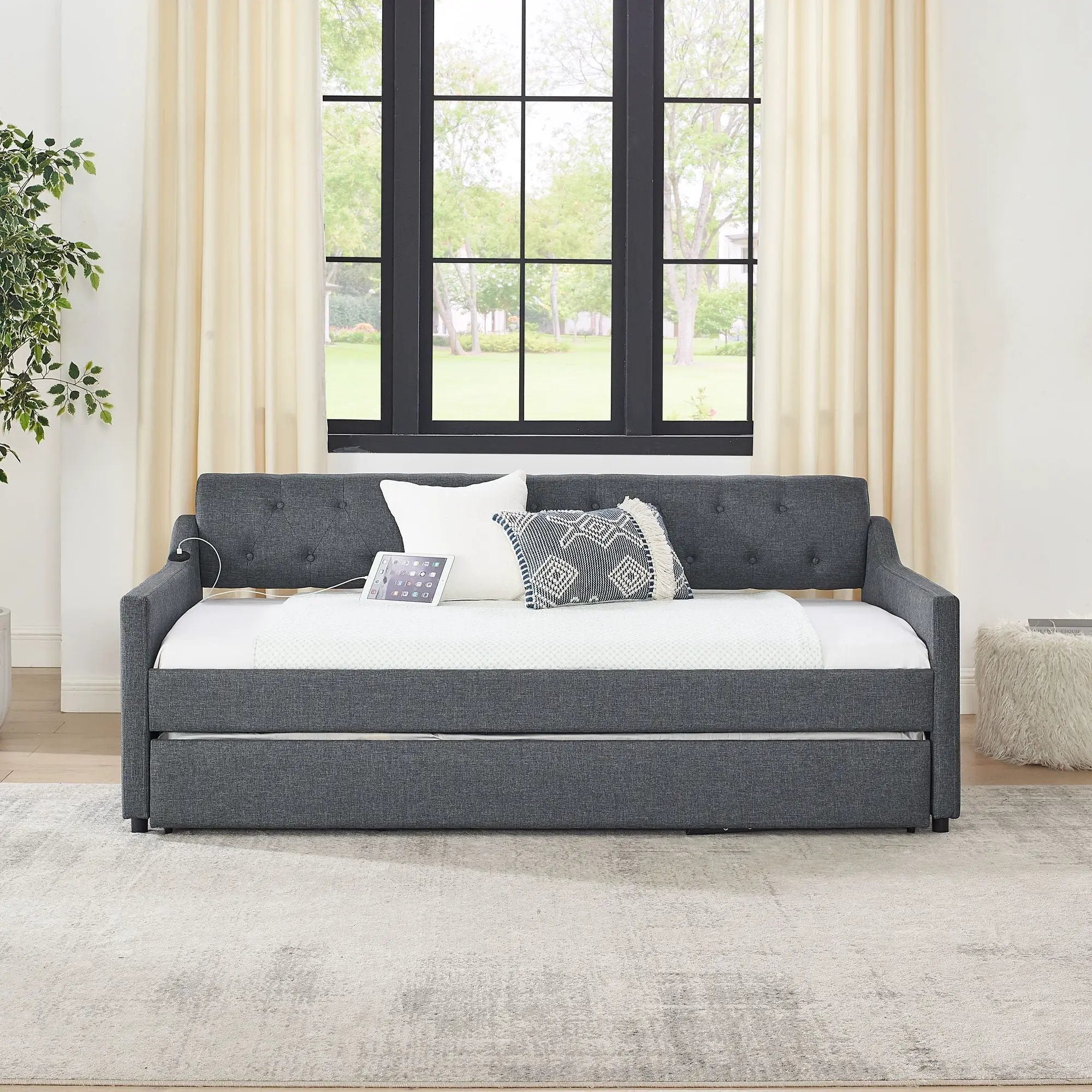 Size Upholstered Daybed With Trundle And USB Charging Armrest by Unique Piece Furniture